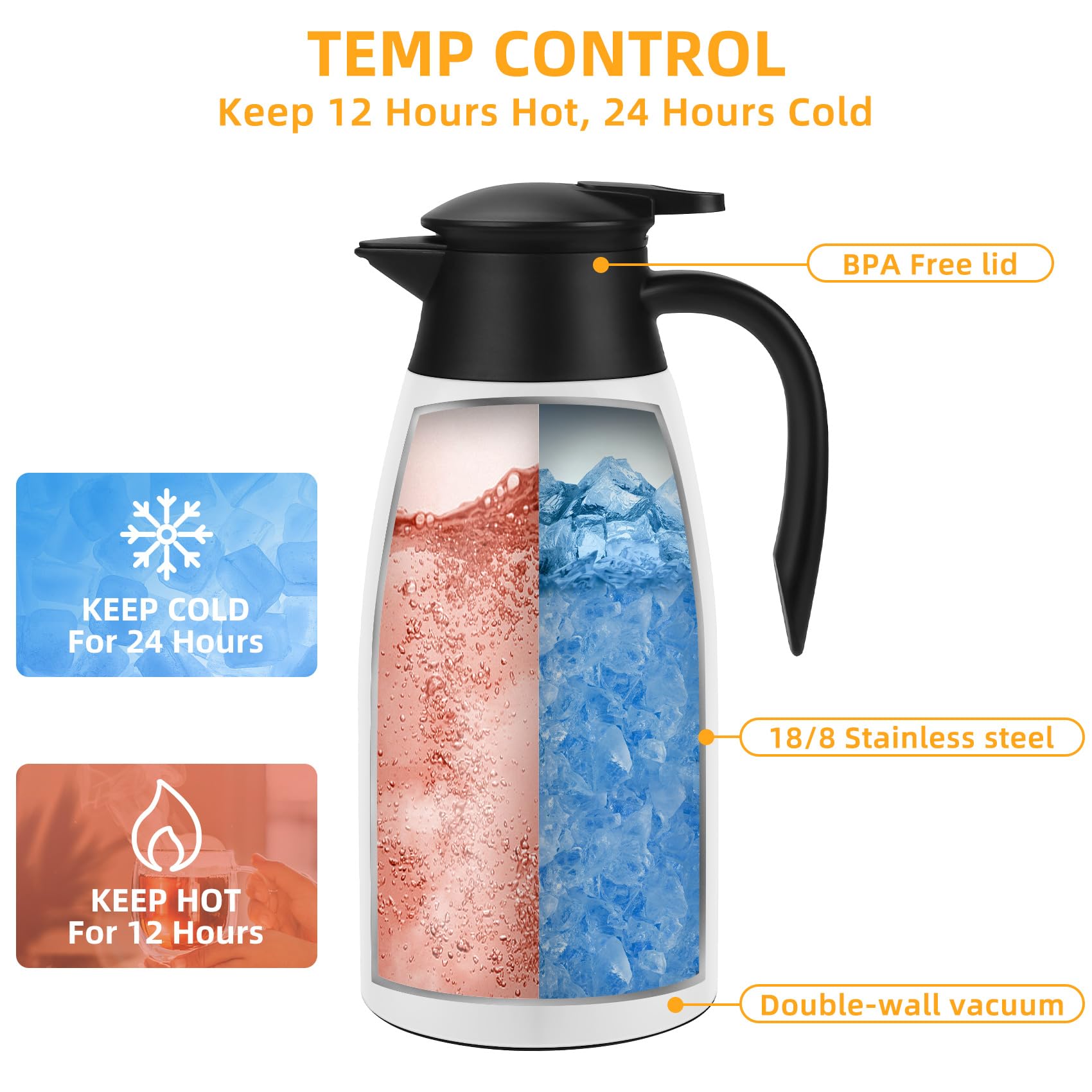 70Oz Coffee Carafe Airpot Insulated Coffee Thermos Urn Stainless Steel Vacuum Thermal Pot Flask Dispenser For Coffee, Hot Water,