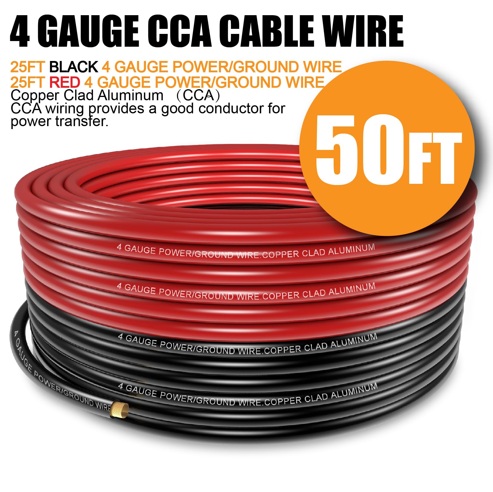 Fuzbaxy 4 Gauge Wire (25 Feet Black+25 Feet Red) Copper Clad Aluminum Cca   Primary Automotive Wire Power/Ground,20Pcs Lugs Term