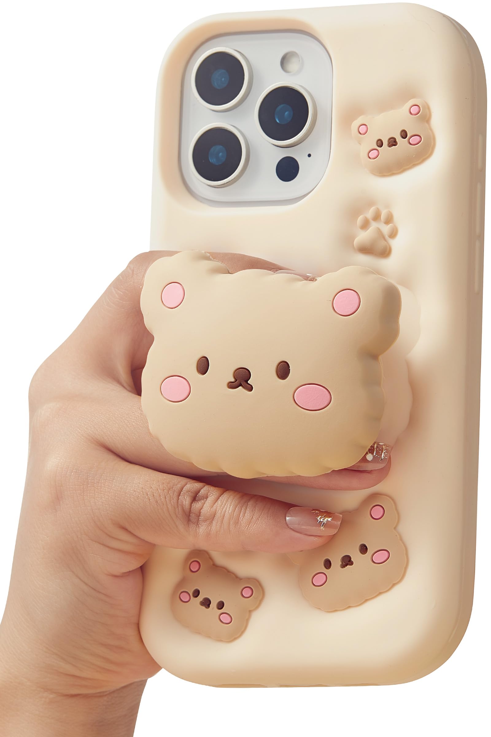 TUFTA Kawaii 3D Teddy Bear Phone Case for iPhone 16 Pro Max (with Retractable Phone Stand & Grip) Cute Girly Cartoon Soft Silico