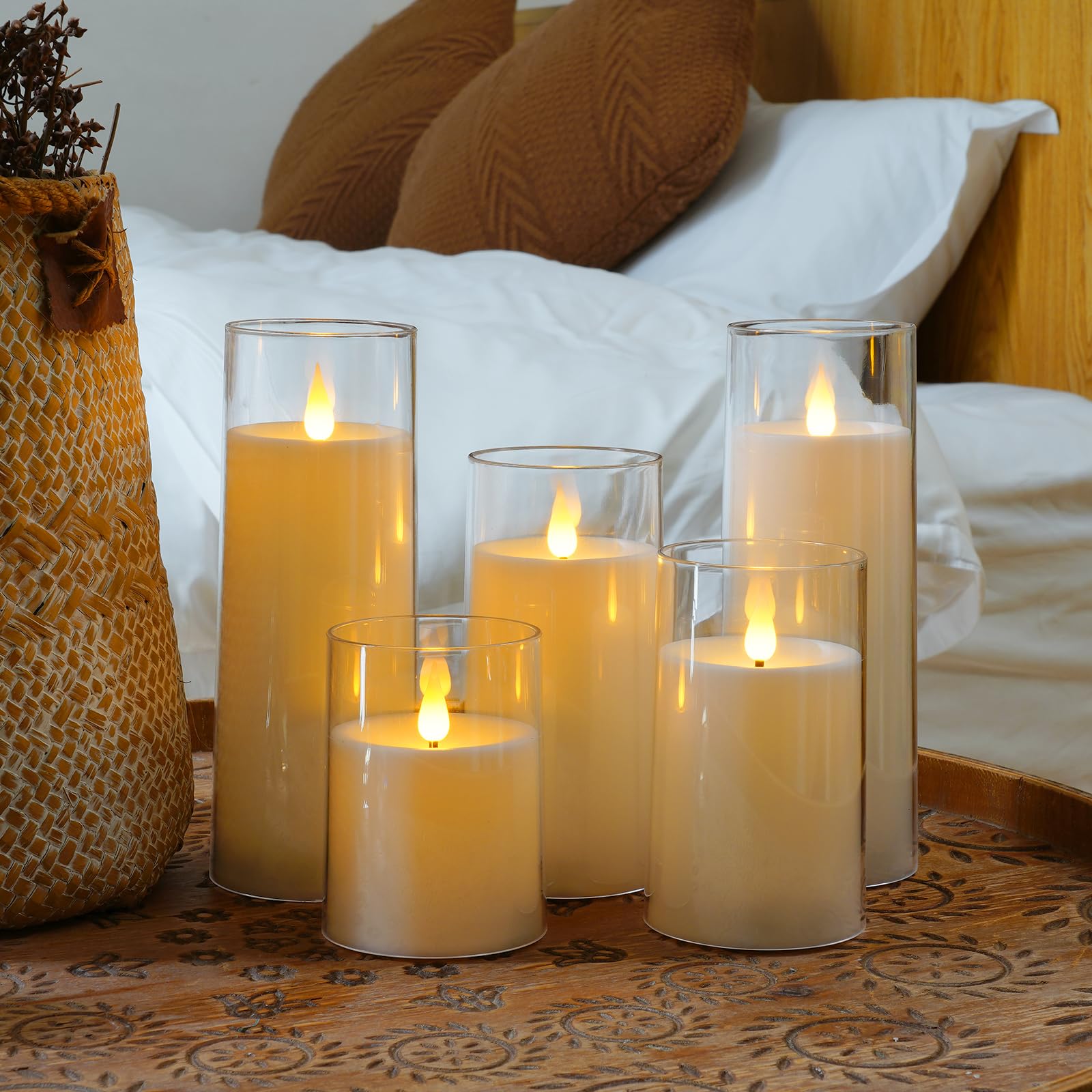 Raycare White Battery Operated Candles Flameless Candles With Timer And Remote, 5 Pcs Acrylic Flickering Led Pillar Candles For