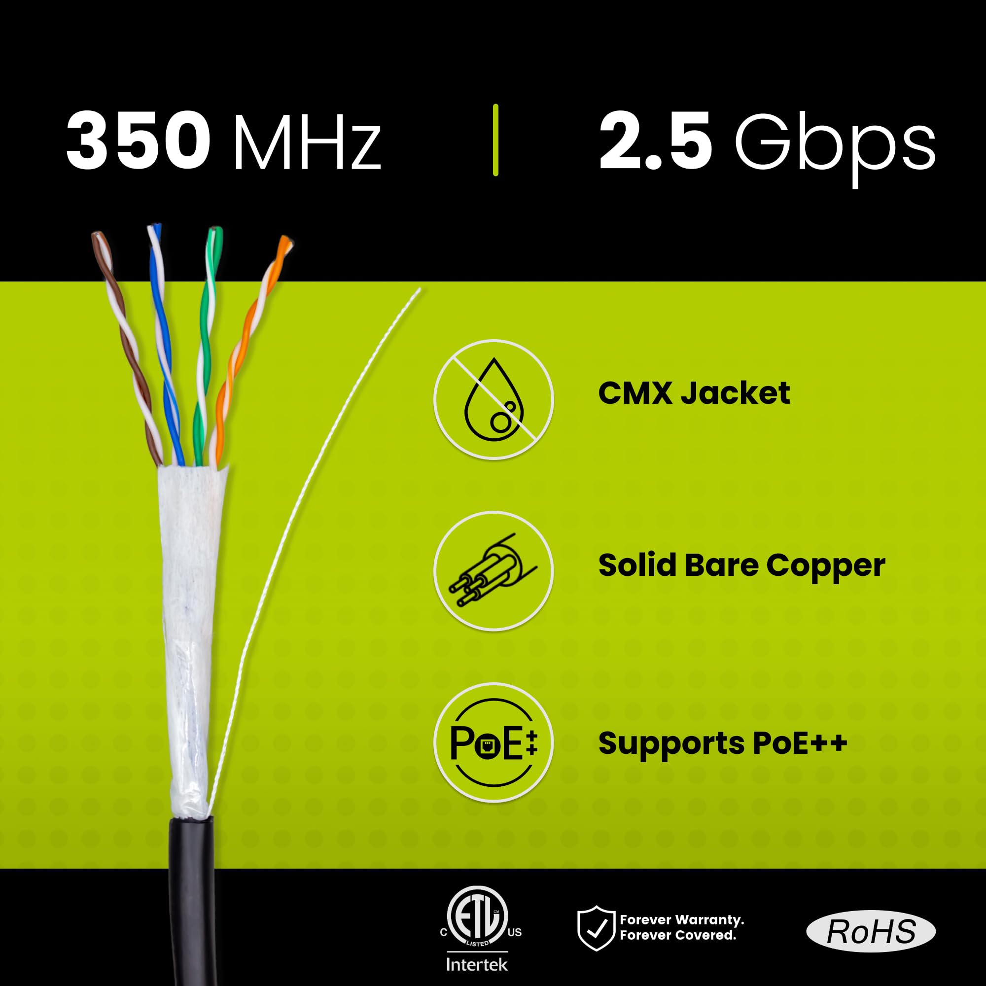 Truecable Cat5E Outdoor, 500Ft, Waterproof Direct Burial Rated Cmx, Black, 24Awg Solid Bare Copper, 350Mhz, Poe++ (4Ppoe), Etl Listed, Unshielded Utp, Bulk Ethernet Cable