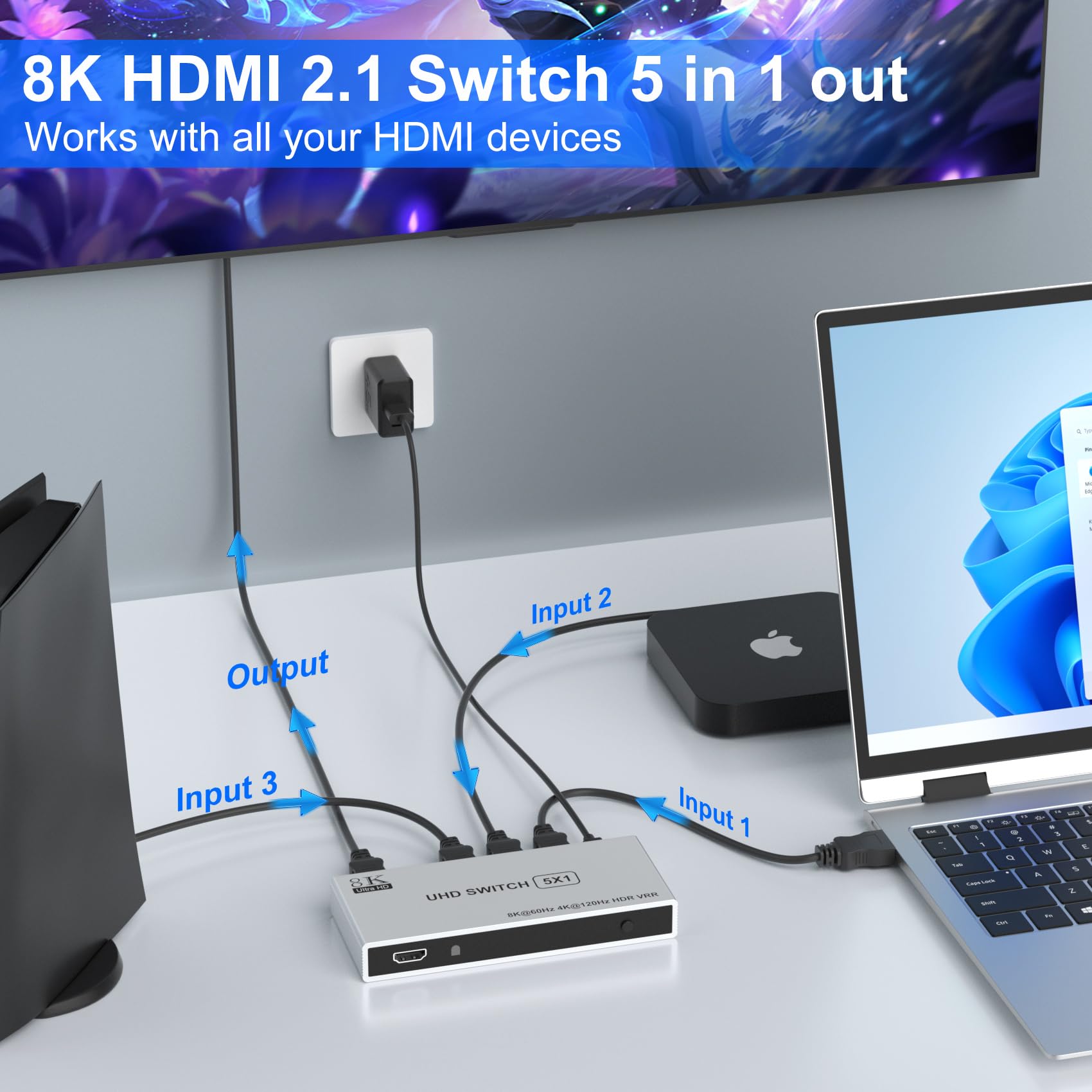 8K Hdmi Switch 5 In 1 Out 8K@60Hz 4K@120Hz, Hdmi 2.1 Splitter With Ir Remote Hdmi Switcher Selector Box Support 8K 4K 120Hz, Hdm