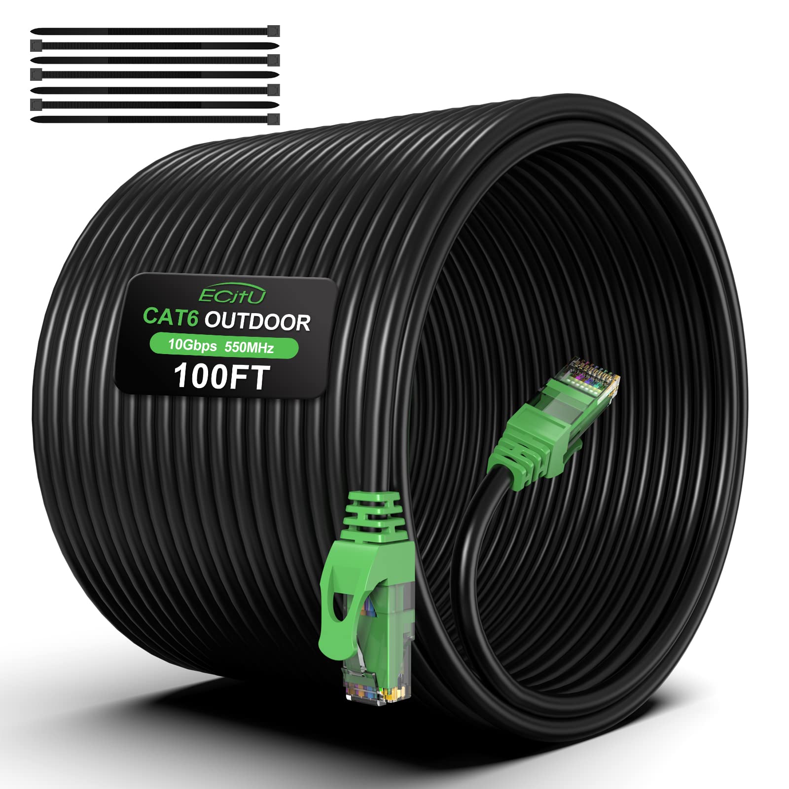 100Ft Cat6 Outdoor Ethernet Cable, In Ground, Heavy Duty Direct Burial, 24Awg Cca Patch Cord For Laptops, Pcs, Routers, Printers, Surveillance Camera, Poe, Utp Cat 6 Internet Cable With 25 Cable Ties