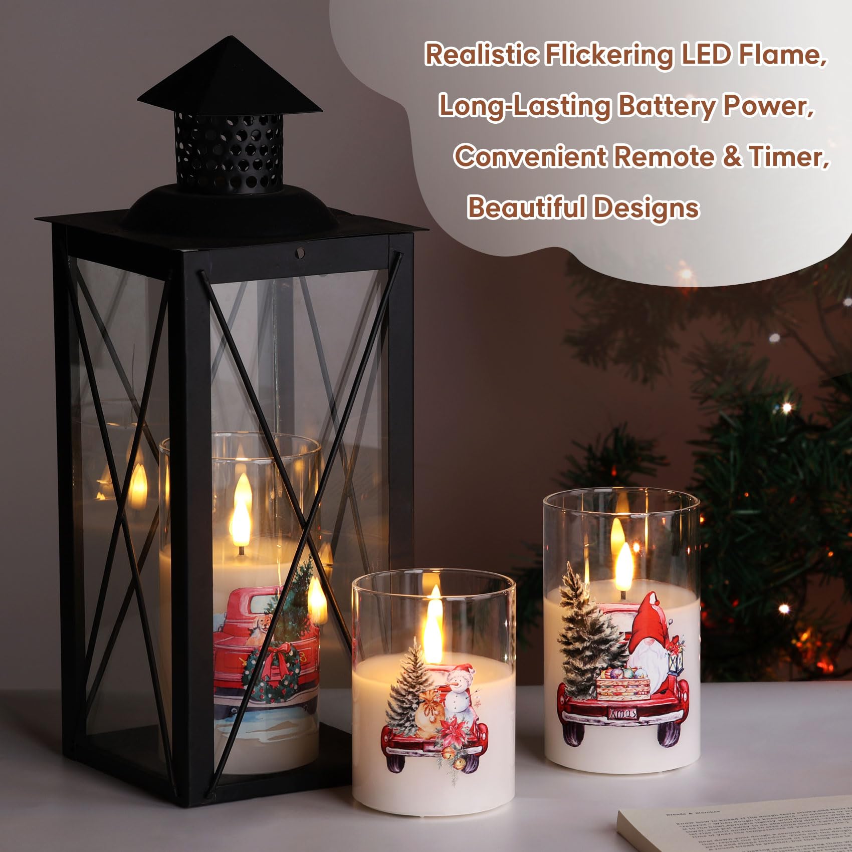 Eywamage Glass Christmas Flameless Candles With Remote, Red Truck Tree Battery Operated Led Pillar Candles Set Of 3