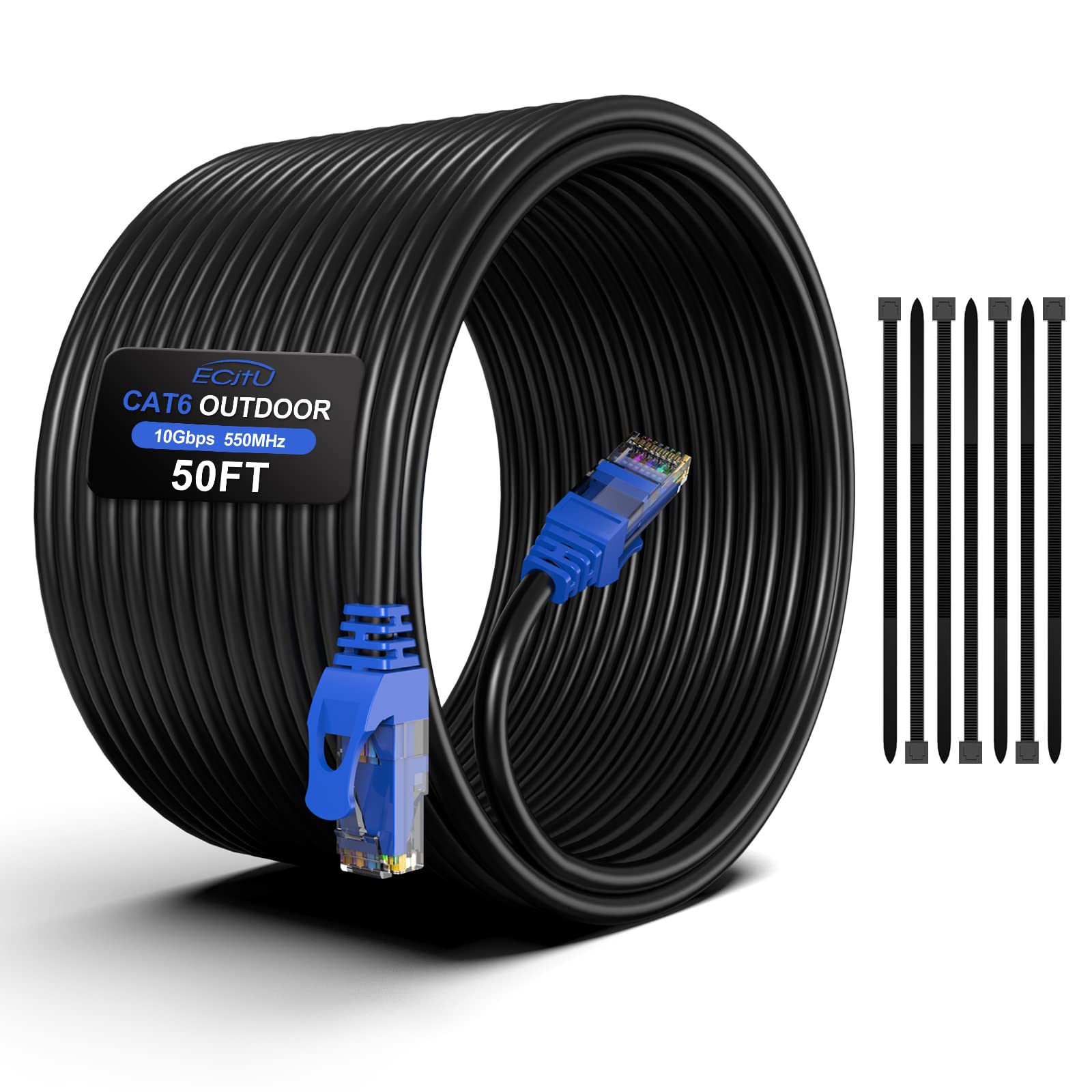 50Ft Cat6 Outdoor Ethernet Cable, In Ground, Heavy Duty Direct Burial, 24Awg Cca Patch Cord, Poe, Utp, Waterproof, Lldpe Uv Resistant, Network, Internet, Lan, Cat 6 Cable 50 Feet With 25 Cable Ties