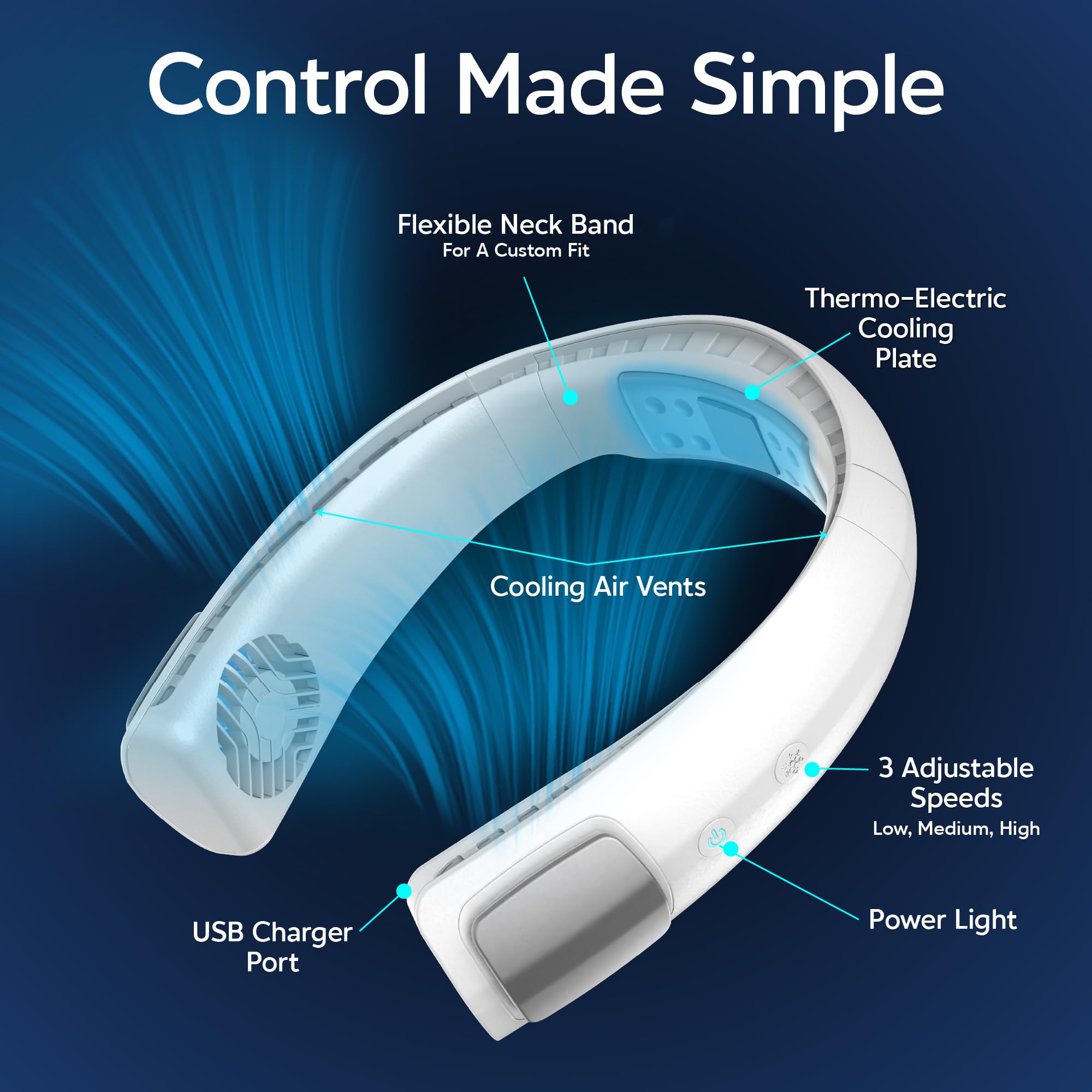 Arctic Air Freedom Touch Personal Neck Fan, 3-Speed Rechargeable Cooling Device, Long-Lasting, Lightweight Portable Neck Cooler,