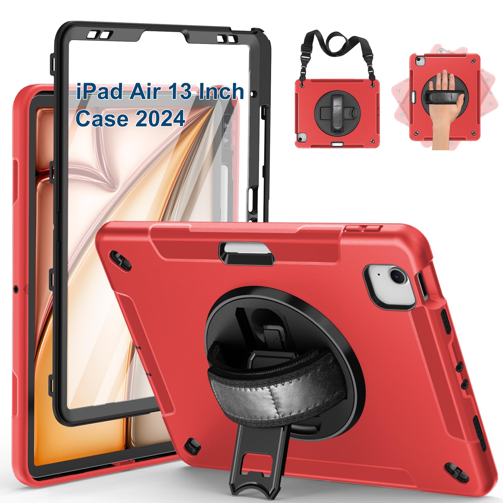 Supfives Case For Ipad Air 13 Inch 2024,With Screen Protector+Hand Strap+Shoulder Strap+Rotating Kickstand+Pencil Holder,Red