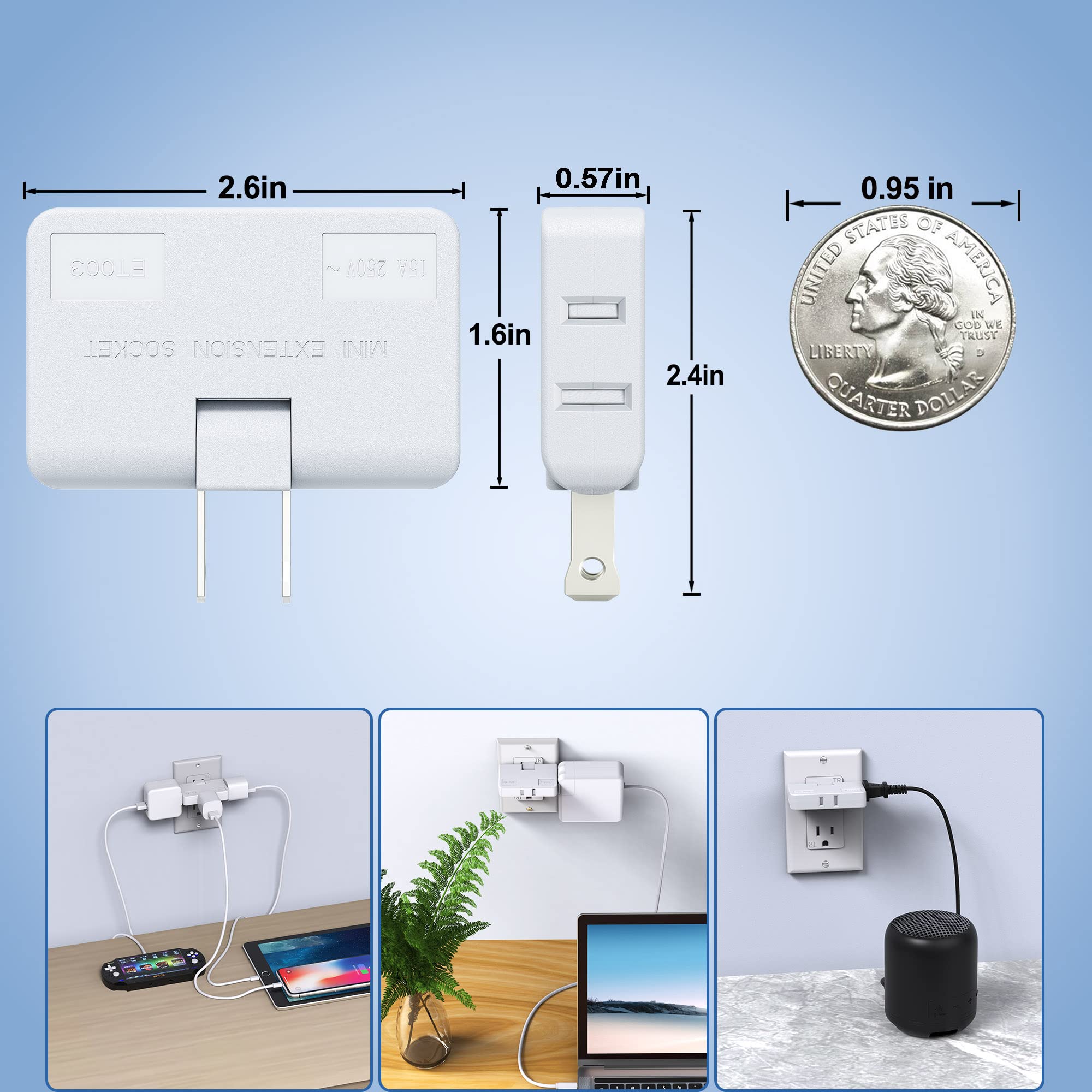 Etwincoo 3 Way Flat Wall Outlet Extender Ac Adapter   2 Prong Swivel Mini Indoor Wall Tap Plug, Outlet Splitter (Quick & Easy In