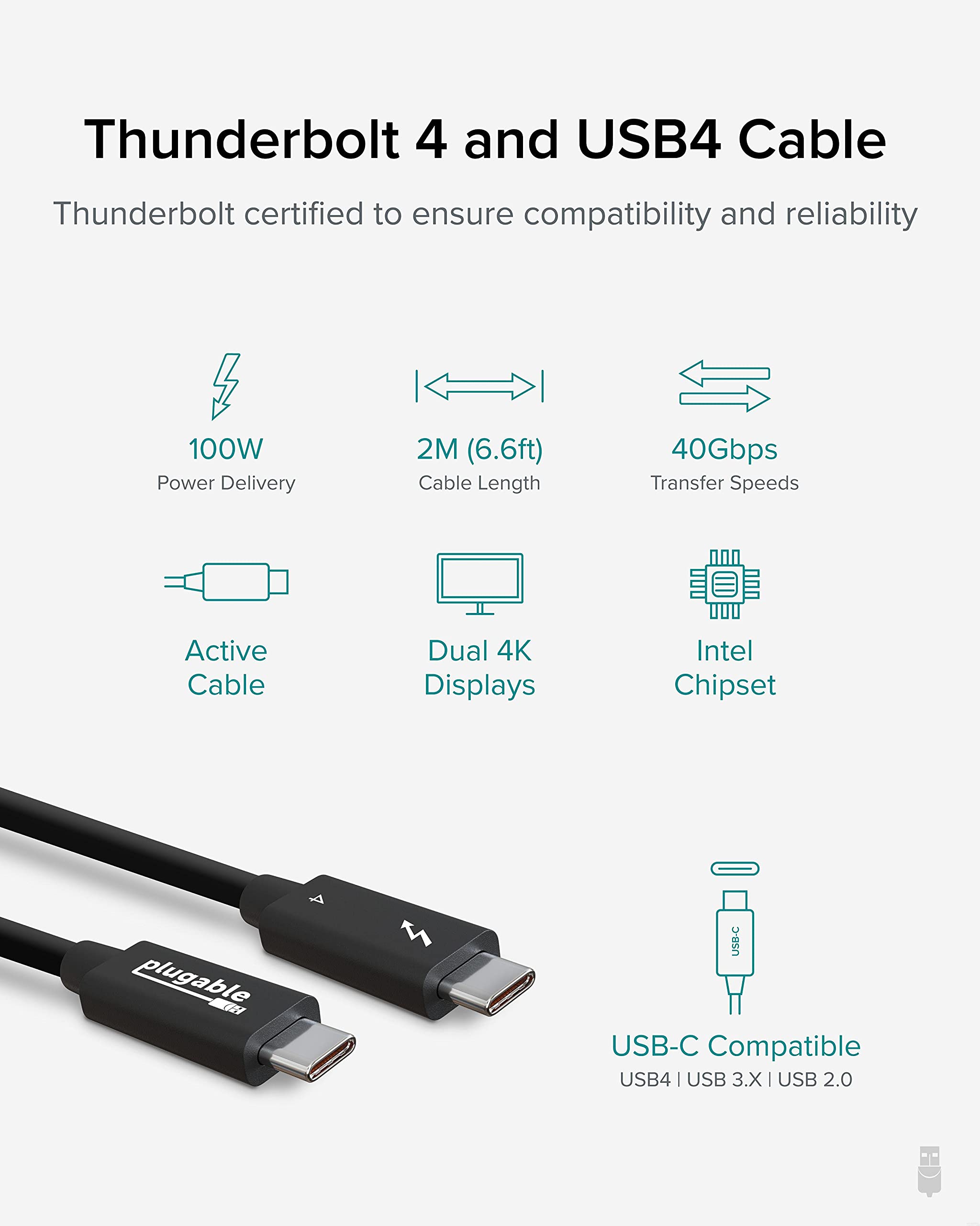 Plugable Thunderbolt 4 Cable [Thunderbolt Certified] 6.6Ft Usb4 Cable With 100W Charging, Single 8K Or Dual 4K Displays, 40Gbps