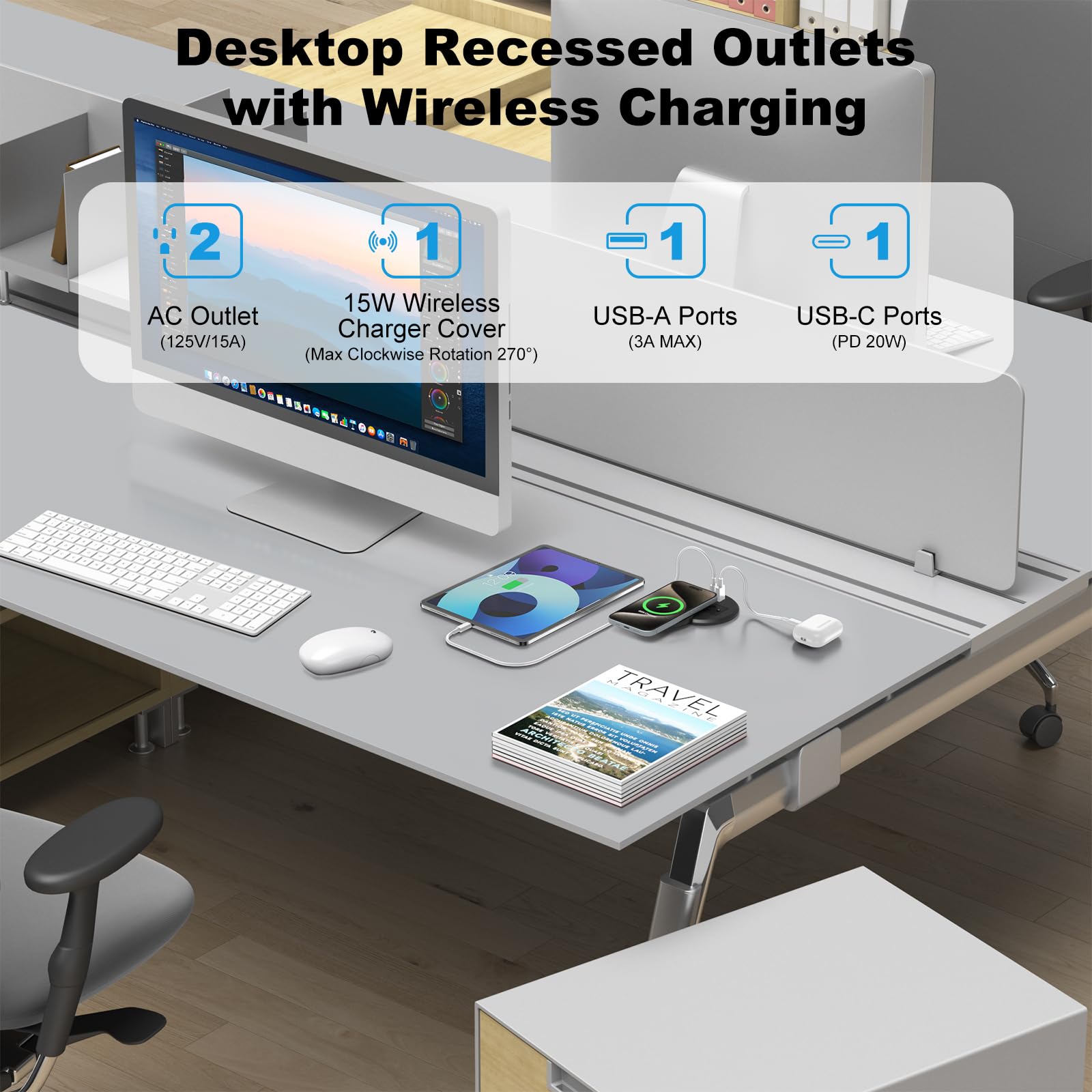 3 Inch Desk Recessed Power Grommet With 15W Wireless Charger, 20W Usb C Fast Charging Countertop Grommet Mount Power Outlet, Wit