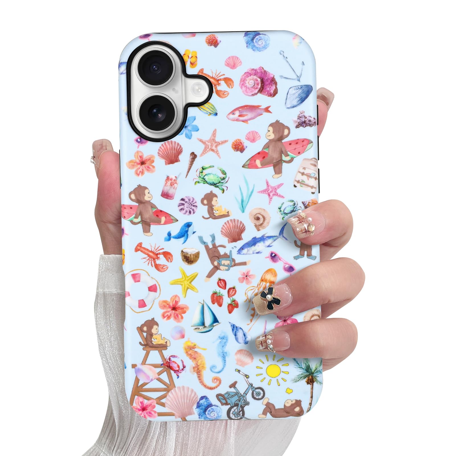 SOKAD Magnetic Monkey Phone Case for iPhone 16 Plus, Cute Summer Beach Monkeys Pattern Compatible with Magsafe Matte Protective 