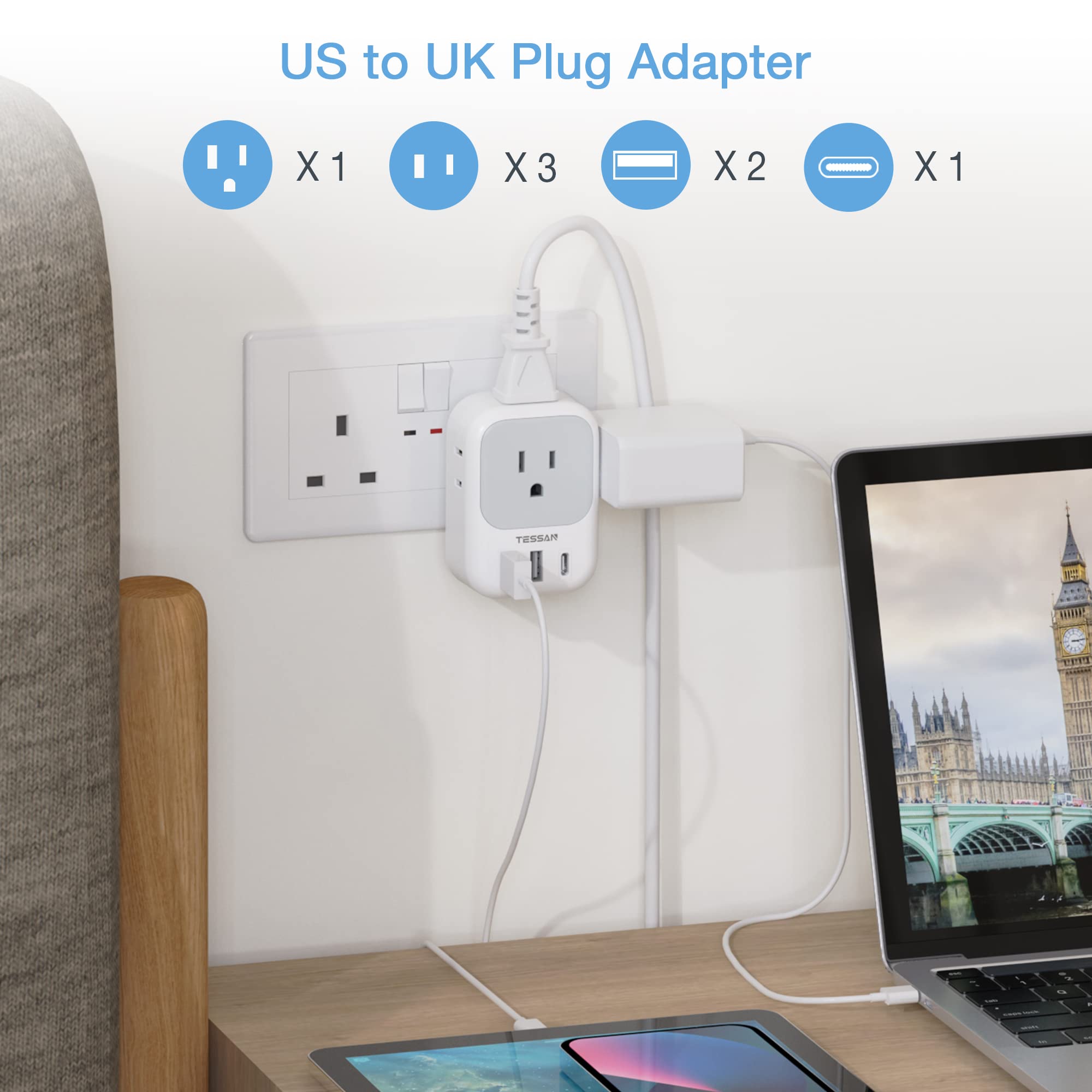 Us To Uk Plug Adapter, Tessan Type G Travel Converter With 3 Usb Charger(1 Usb C Port), 4 Outlets Power Adaptor For Usa To Qatar