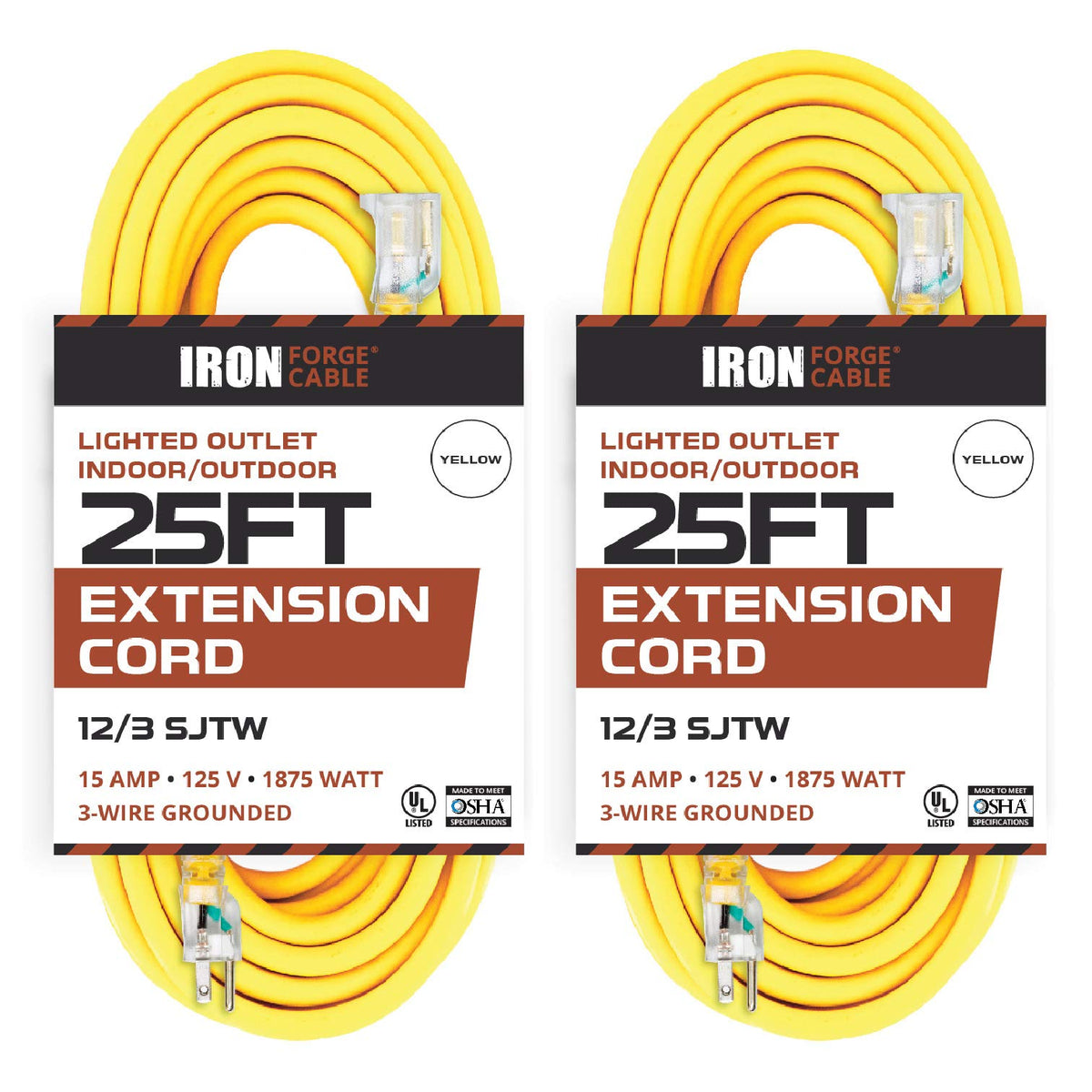Iron Forge Cable 2 Pack Of 25 Foot Outdoor Extension Cords   12/3 Sjtw Heavy Duty Lighted Yellow Extension Cable With 3 Prong Gr