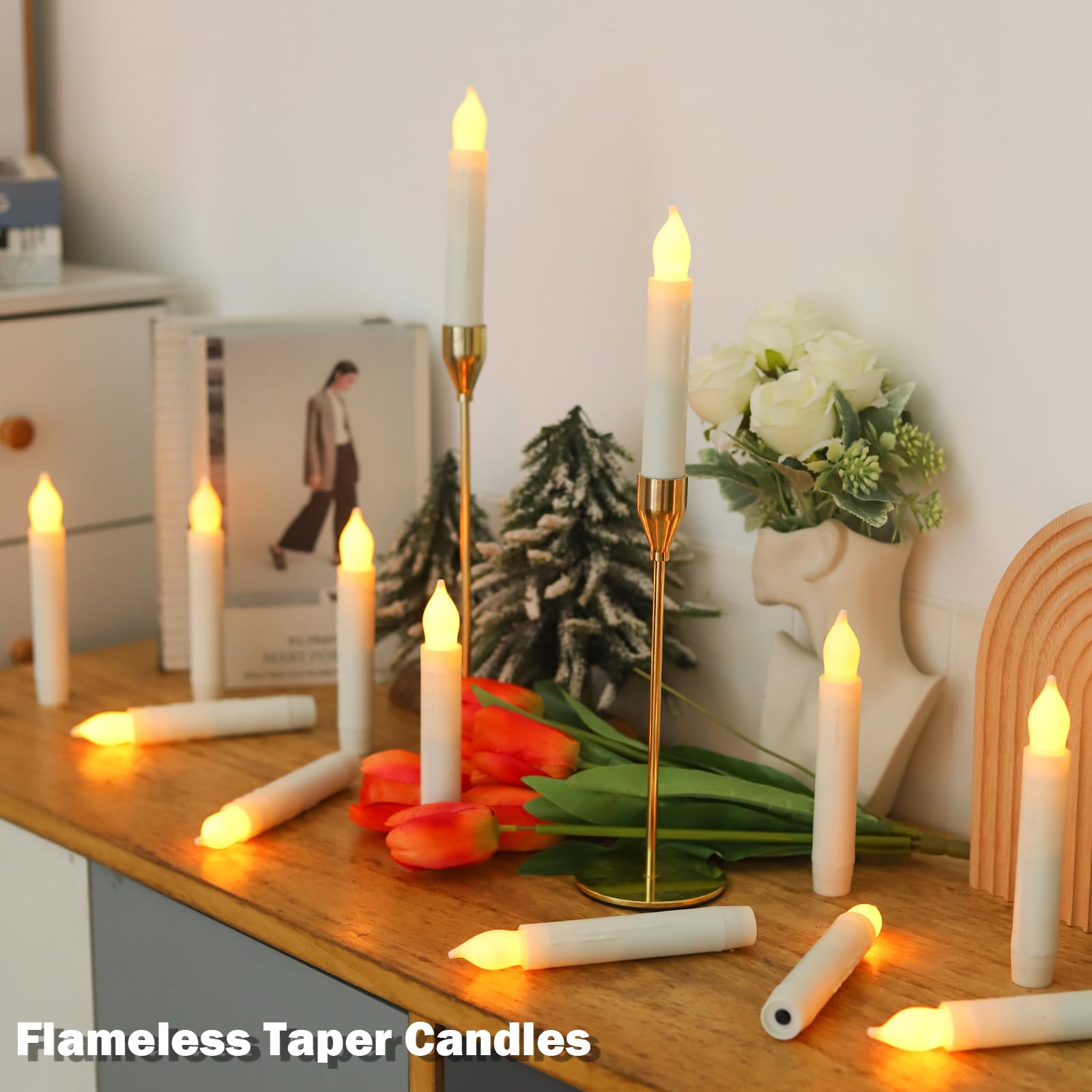 Lezonic Flameless Battery Operated Candlesticks Flickering, 24Pcs(D:0.8'' X H:6'') White Led Battery Short Taper Candles Hanging