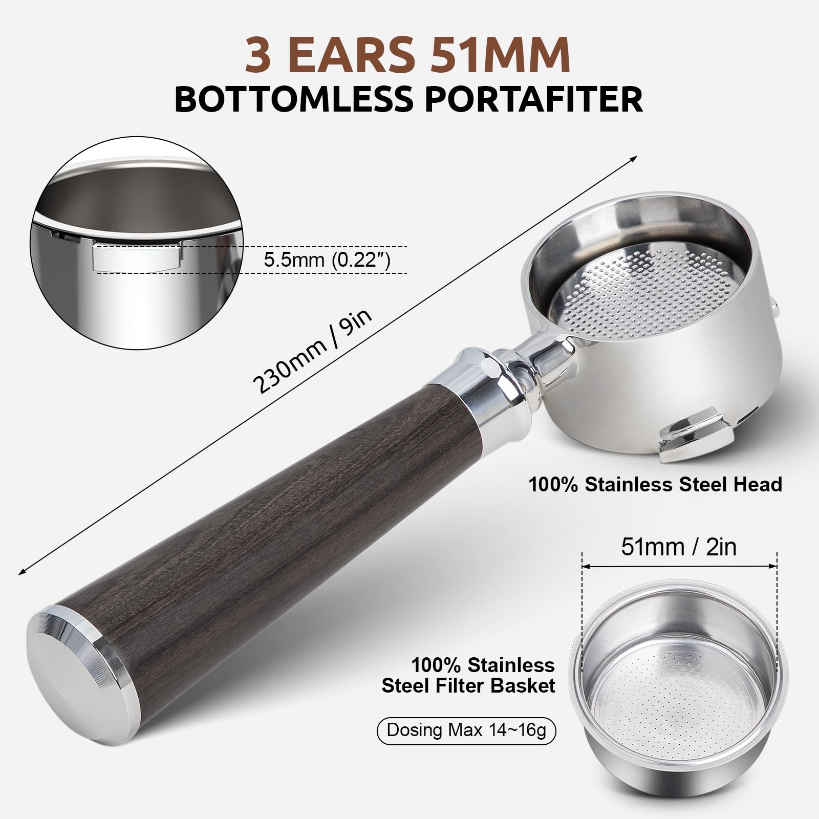 51Mm Bottomless Portafilter 3 Ears, Ymwvh Professional Espresso Portafilter 51Mm For De Longhi Ec680, Ec685 & Ec885 Espresso Mac