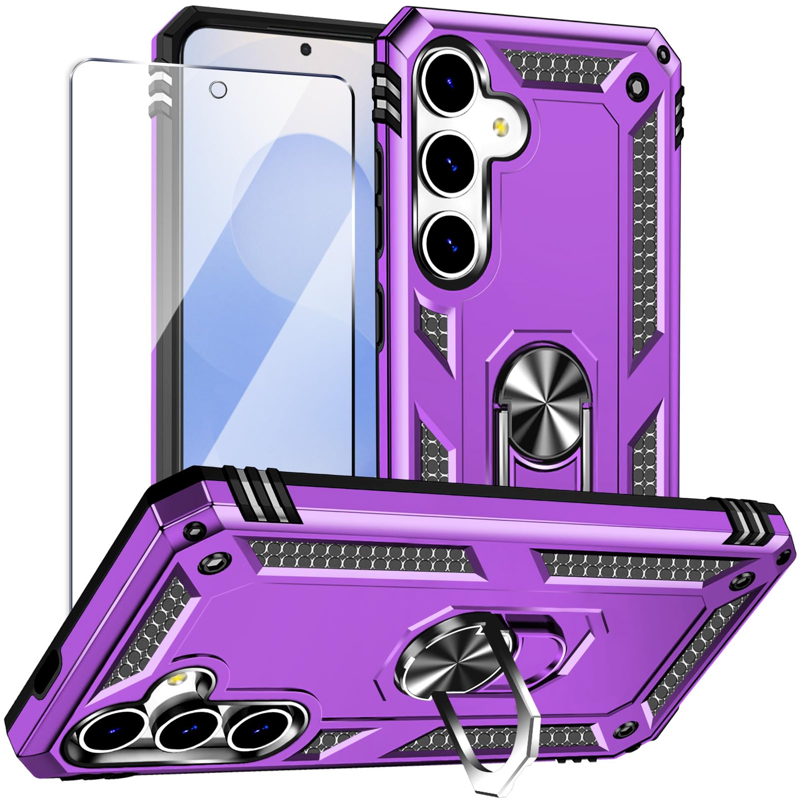 Yiakeng for Samsung Galaxy S25 Plus Case with Screen Protector:[Military Grade Drop Tested] Ring Holder Kickstand Shockproof Ant