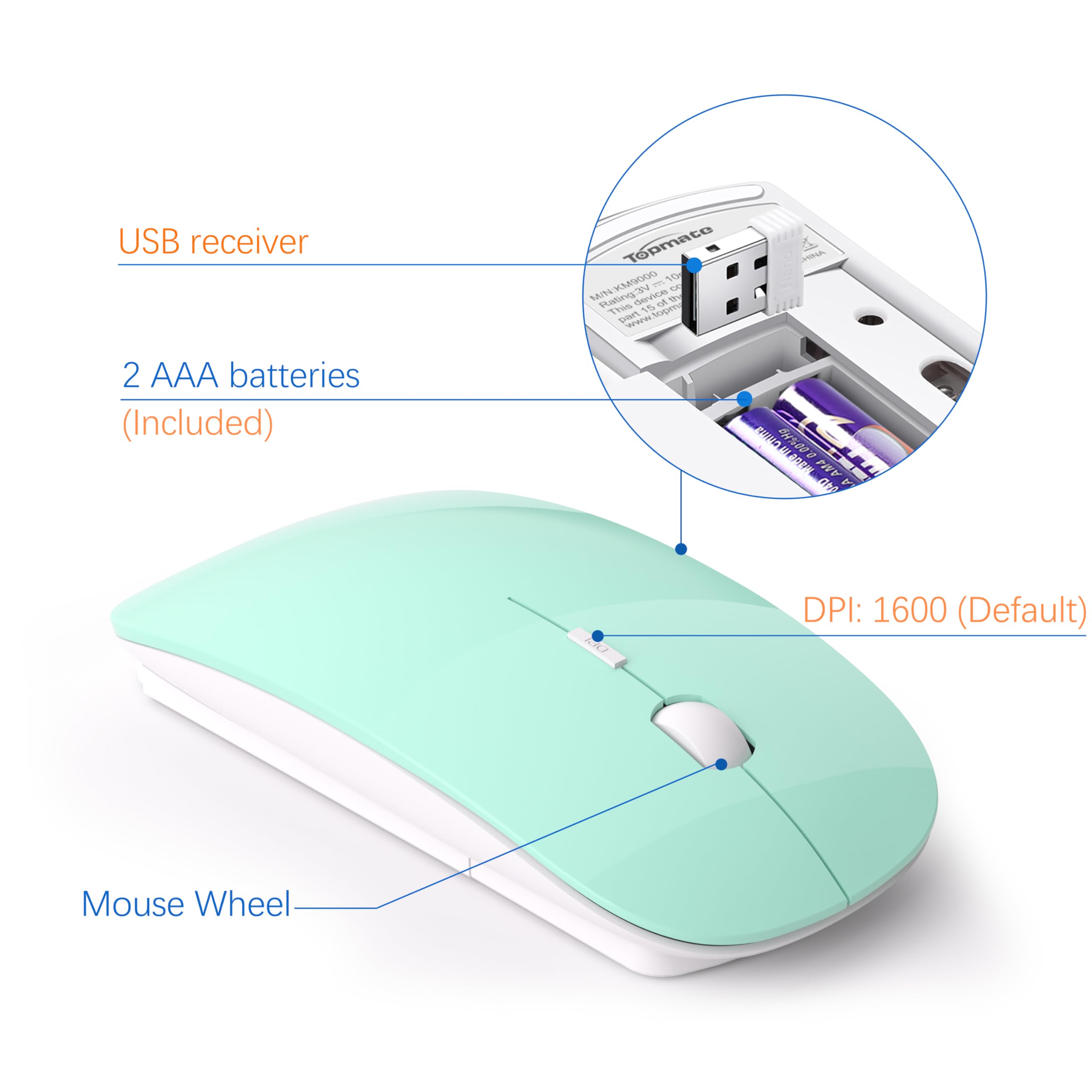 Wireless Keyboard And Mouse Ultra Slim Combo, Topmate 2.4G Silent Compact Usb 2400Dpi Mouse And Scissor Switch Keyboard Set With Cover, 2 Aa And 2 Aaa Batteries, For Pc/Laptop/Windows/Mac   Mint Green