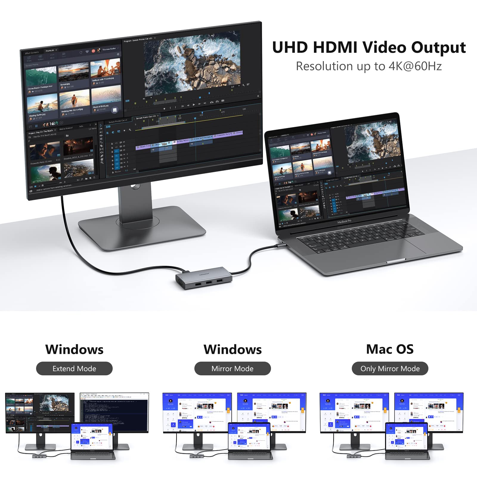 Usb C Laptop Docking Station Dual Monitor For Hp Dell Lenovo Thinkpad Surface, 8 In 1 Computer Multiple Monitor Hub Adapter To D