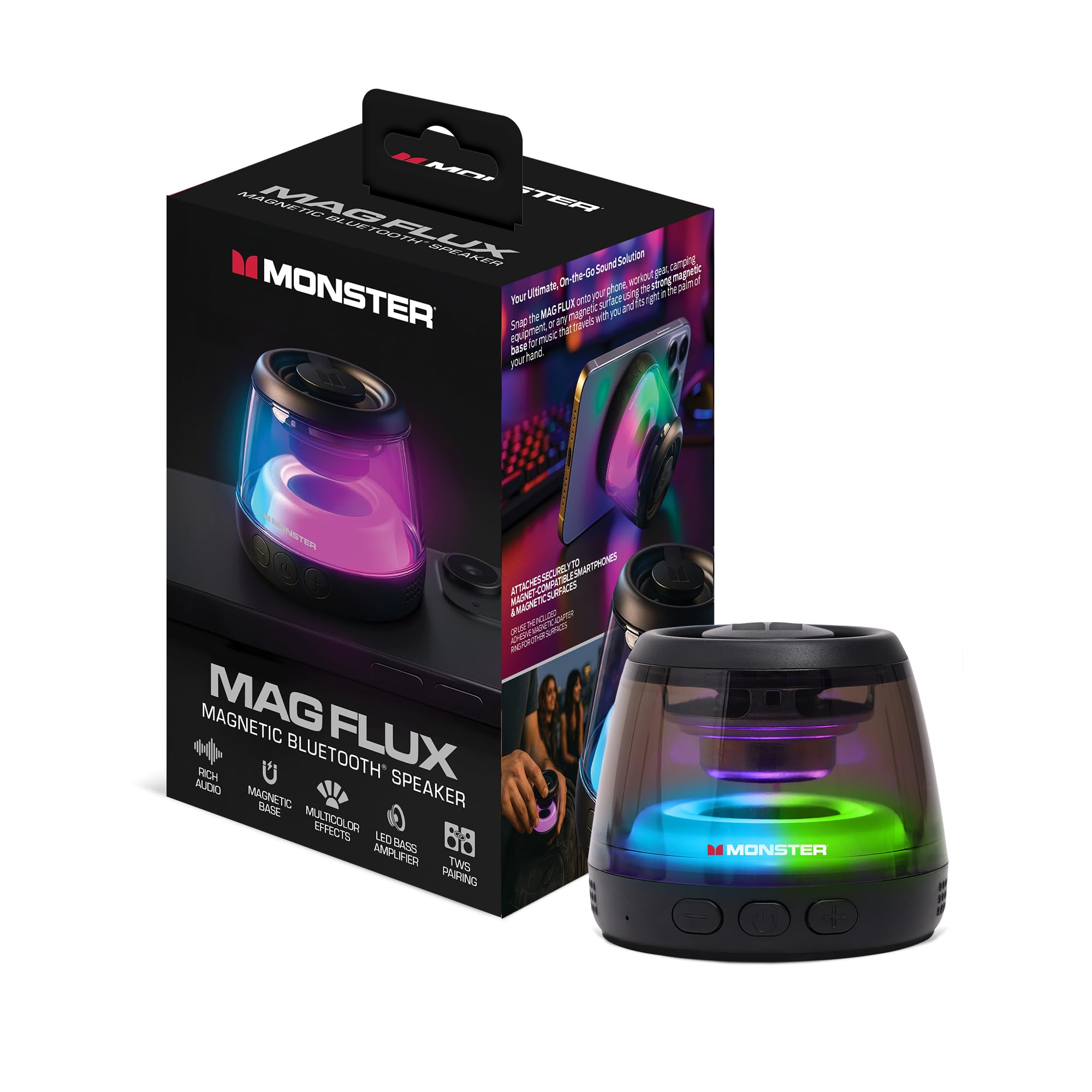 Monster Magnetic Bluetooth Speaker, Portable Wireless Speaker with LED Lights, 5W Deep Bass, TWS Pairing, MicroSD Playback, Comp