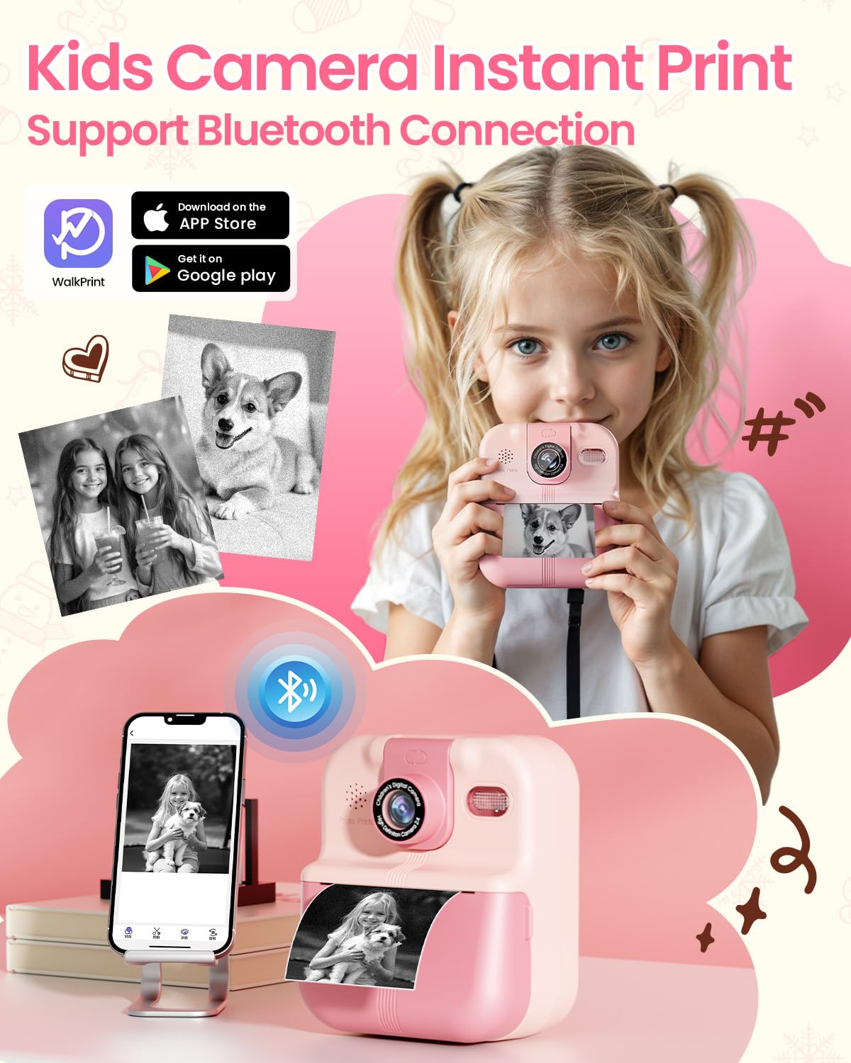 Bluetooth Kids Camera Instant Print, 1080P Mini Toddler Camera For Boys Girls, Portable Diy Instant Digital Camera For Kids, Coo