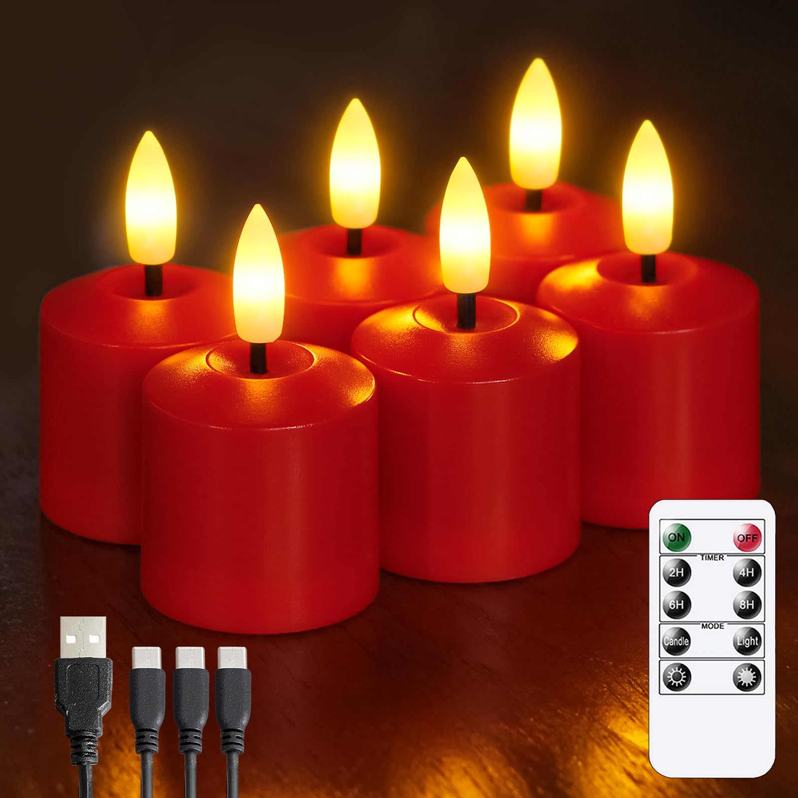 Mavandes Rechargeable Small Flameless Tea Light Candles with Remote Function, LED Votive 2/4/6/8 Hours Timer Red 1.5 x2.5 Mini P