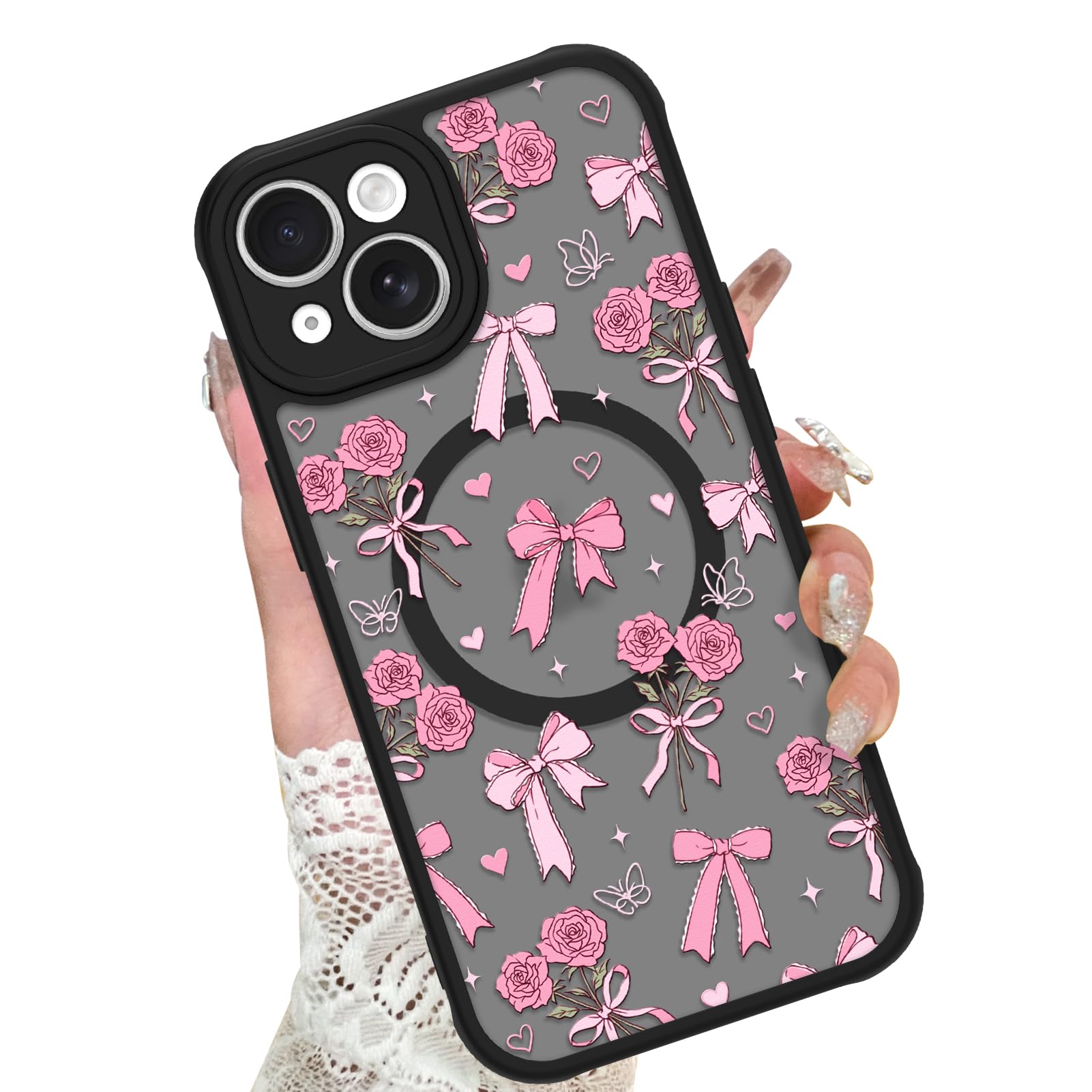KANGHAR Case Compatible with iPhone 15 Bows Bouquet Pattern [Compatible with Magsafe] Cute Flowers Florals Protective Magnetic C