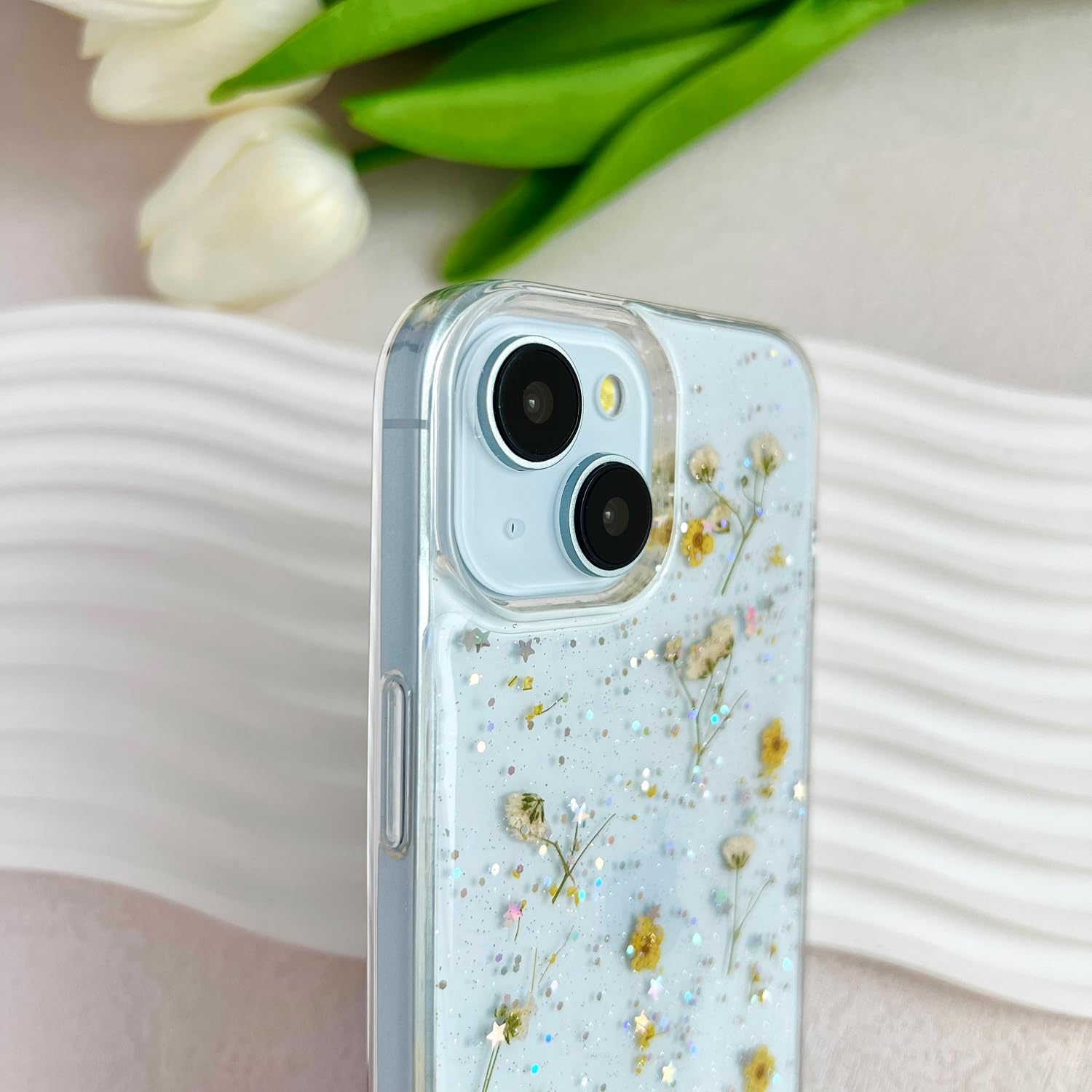Lseeka For Iphone 15 / Iphone 14/ Iphone 13 Clear Case With Pressed Real Flowers Design,Glitter Cute Yellow Floral Pattern Soft