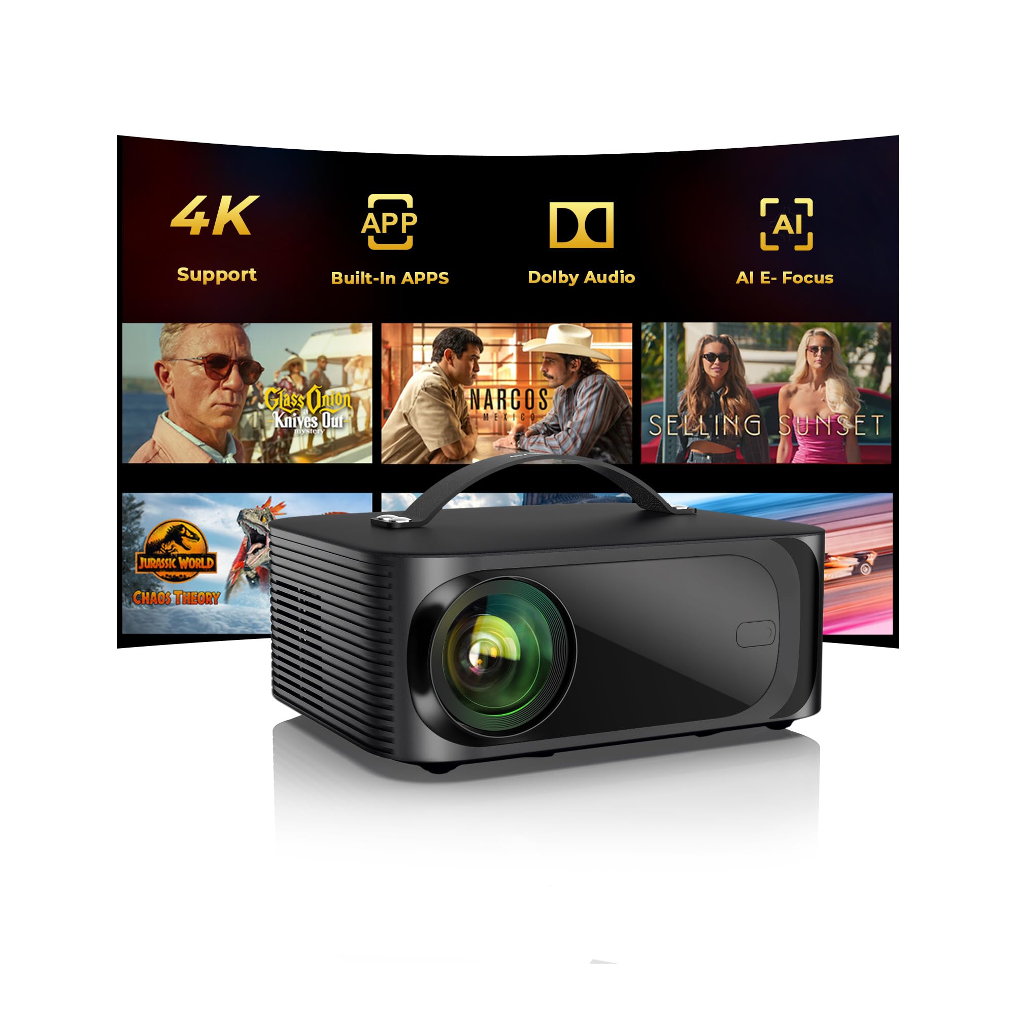 Projector-4K with WiFi and Bluetooth:[2000 ANSI/AI Auto Focus/Built-in APPs]Outdoor-Projector Smart TV OS 2.0 & DoIby, Portable 