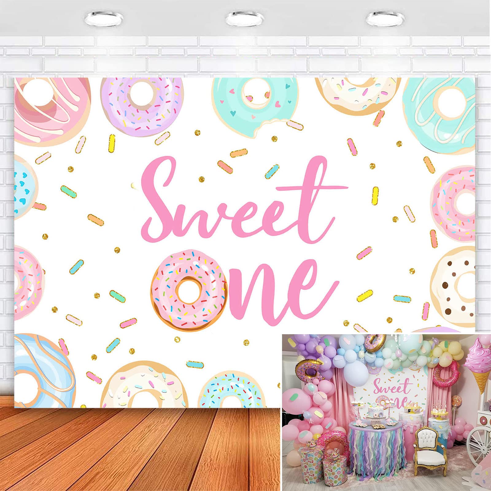 Avezano Donut Sweet One Backdrop Doughnut First Birthday Party Background 7X5Ft Sprinkles Confetti Donuts 1St Birthday Photo Booth Banner Cake Table Decorations For Girls