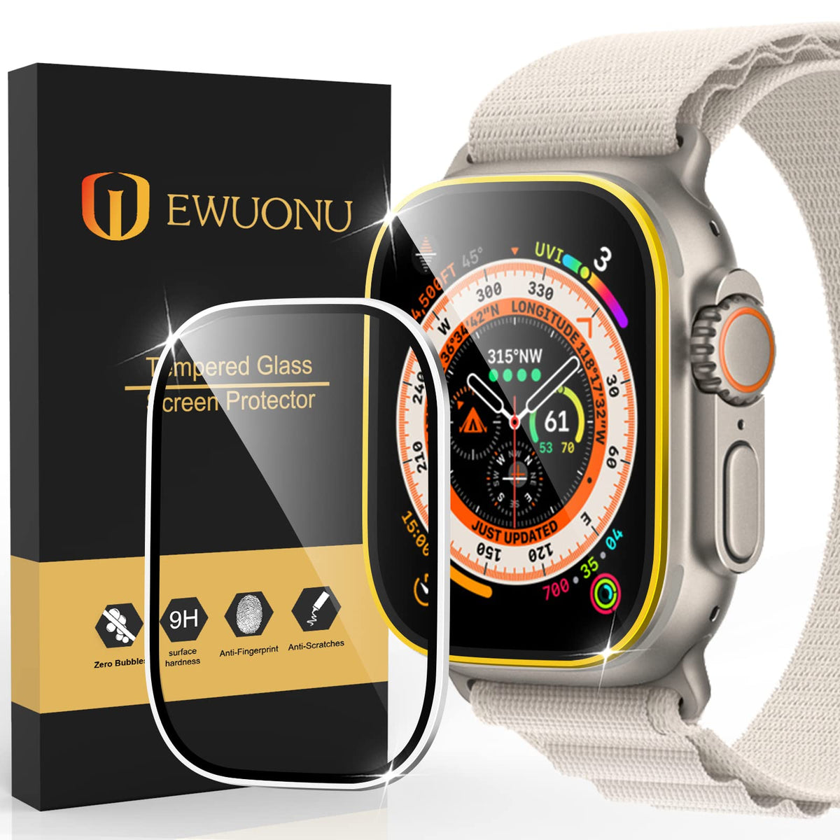 Ewuonu 2-Pack Screen Protector For Apple Watch Ultra 49Mm, Tempered Glass Screen Protector(Aluminium Alloy Edge) Anti-Scratch Bubble Free Film For Iwatch Ultra 49Mm Accessories(Yellow/Titanium)