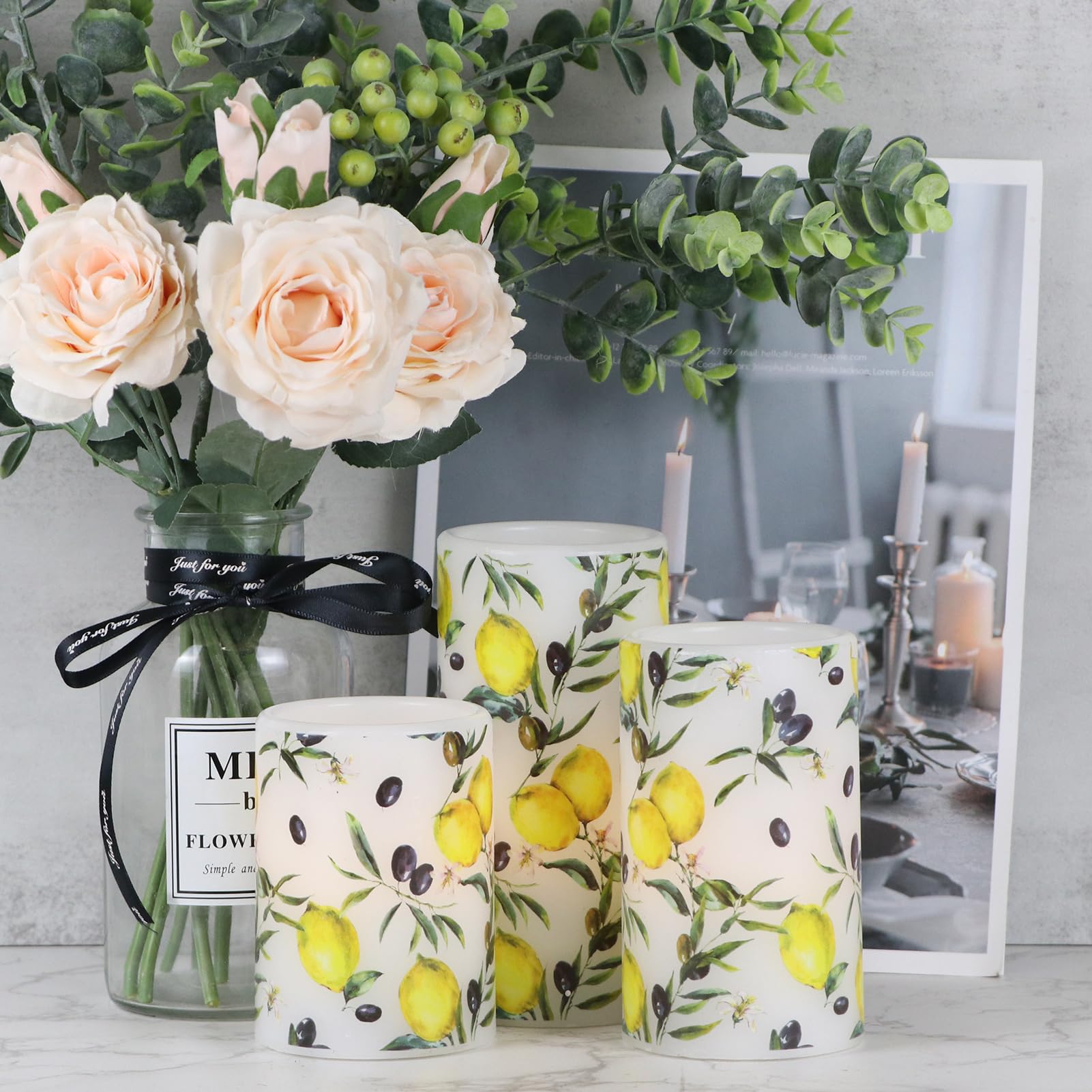 Dromance Flameless Pillar Wax Candles With 6 Hour Timer Battery Operated 3 Packs Lemon Decals Led Flickering Candles Yellow Ligh