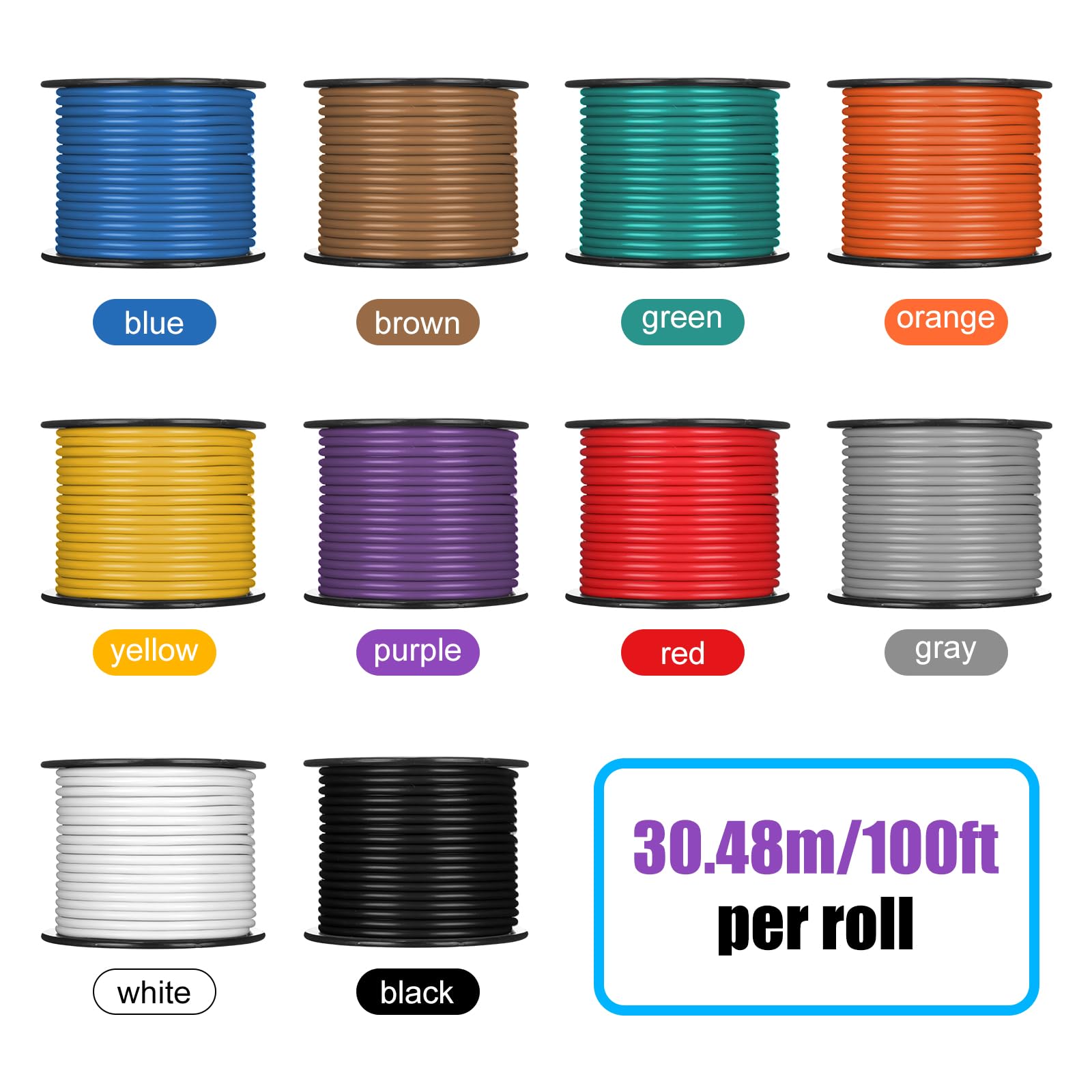 Gisafai 10 Pcs Wire 100 Ft Per Roll (1000 Ft Total) Automotive Primary Wire Spools Copper Clad Aluminum Primary Wire For 12V Aut