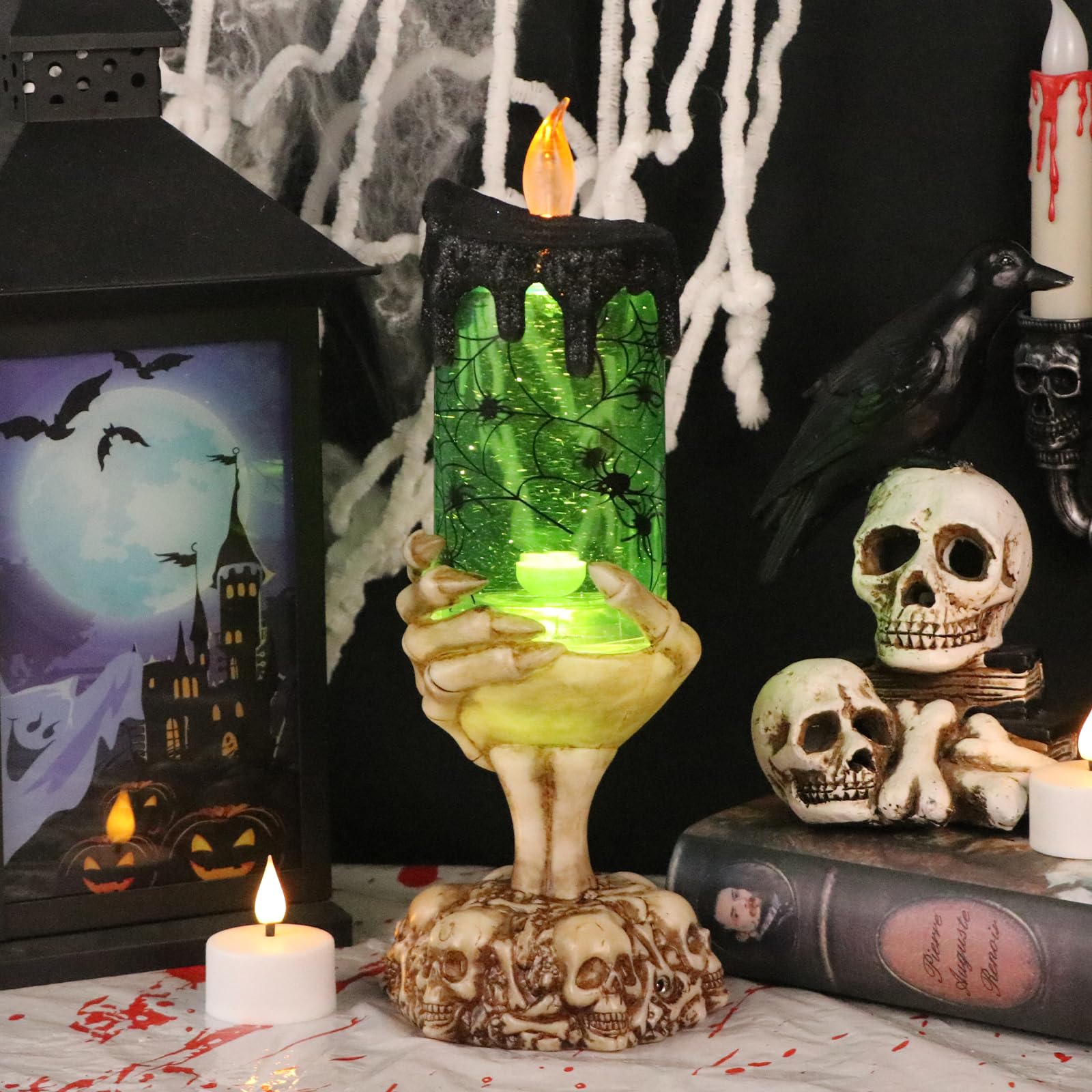 Eldnacele Halloween Snow Globe Candles Lighted Lamp Usb Powered Battery Operated Spooky Spinning Water Glittering Tornado Flamel