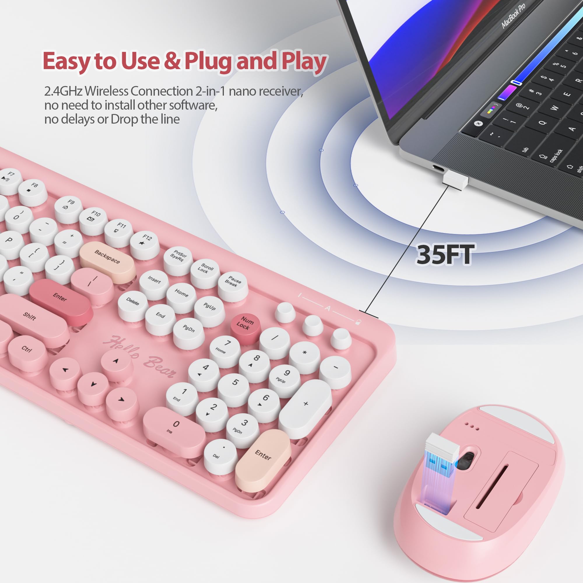 Fogruaden Wireless Keyboard And Mouse Combo, Pink Retro Typewriter Keyboard, 2.4Ghz Full Size Round Keycap Cute Computer Keyboar