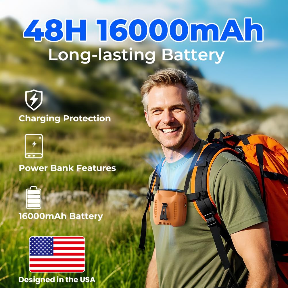 16000Mah Portable Waist Fan Rechargeable, 5-Speeds 16000Rpm Strong Airflow, 48-Hour Runtime, Led Display, Flashlight, Neck Fan,