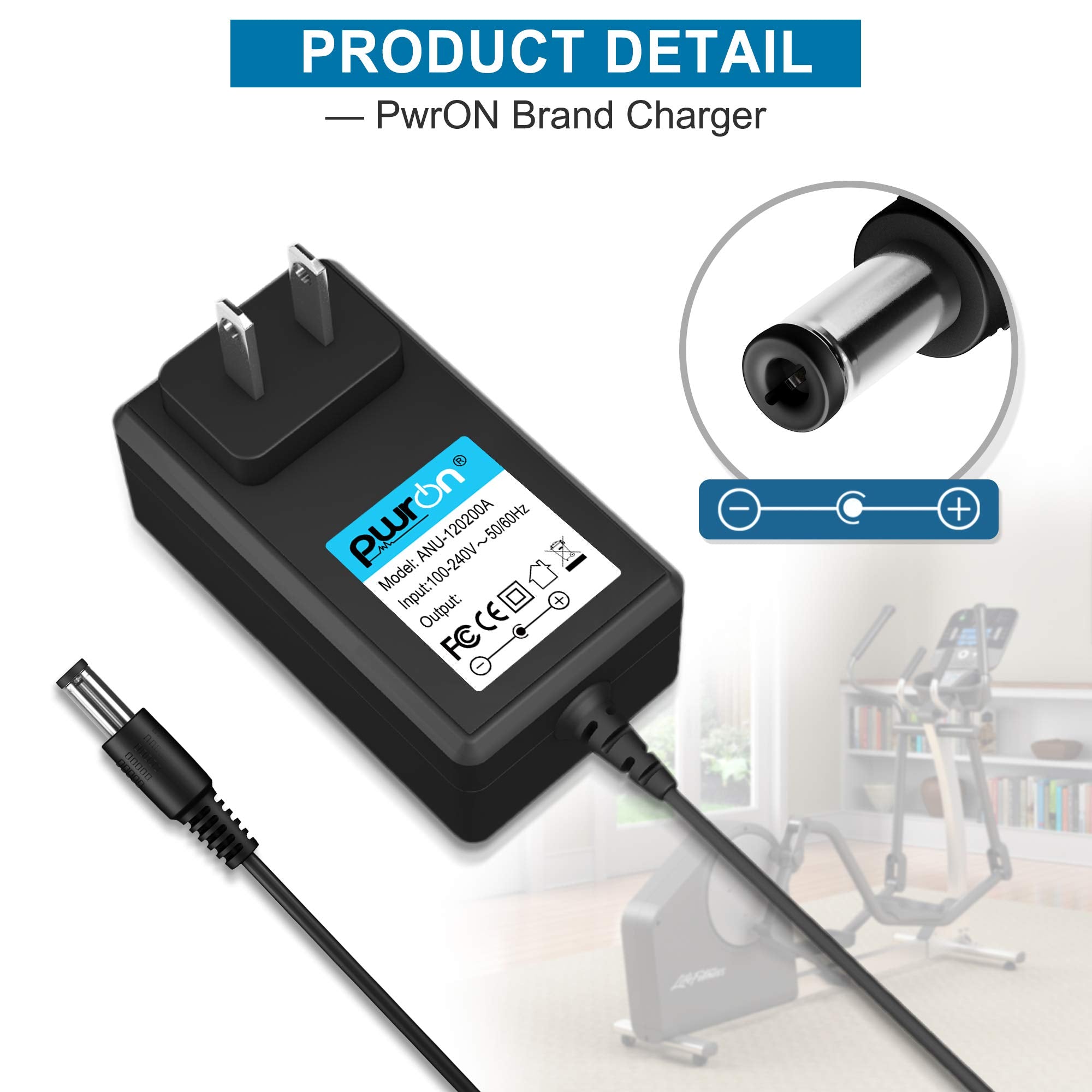 Pwron (6.6Ft Long) 12V 2A Ac Dc Adapter Charger Compatible With Life Fitness X1 X3 X5 X8 Go Console Fitness Gear 810E 820E 830E Elliptical Machine Cross Trainer Power Supply