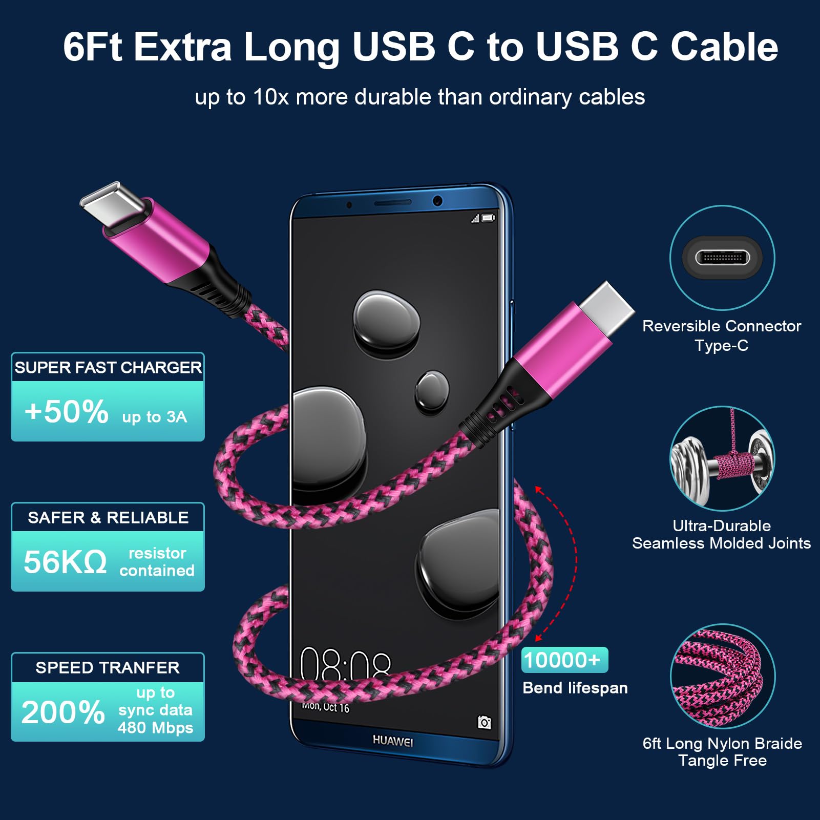 VIFIGEN Type C Fast Charger for Samsung Galaxy A Series & Pixel 9, 6FT USB-C Cable, Rose Red, Model PT-WC-20-PD