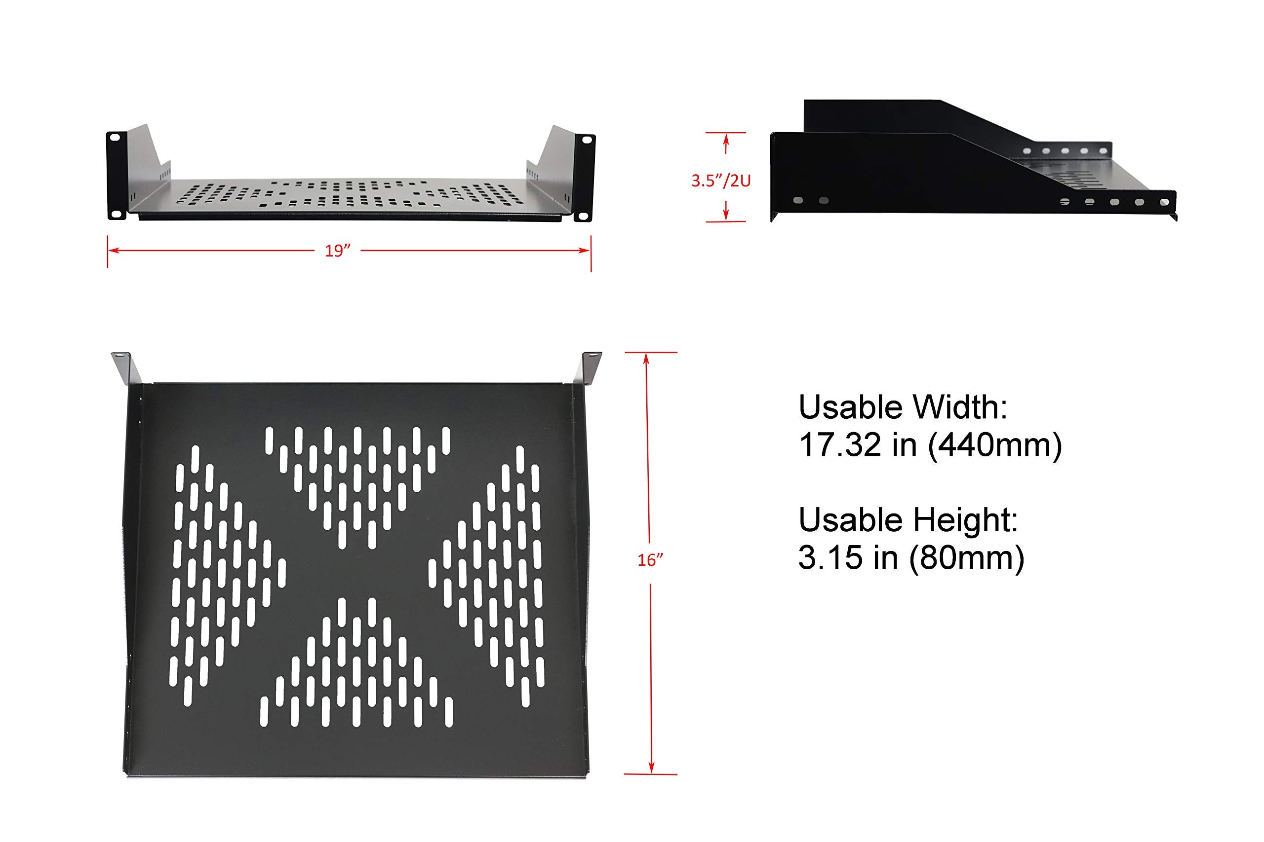 2U Universal Server Shelf Vented Rack Mount Cantilever Shelf 16'' Deep, For 19    Equipment Racks, Heavy Duty Rack Cabinet Shelf