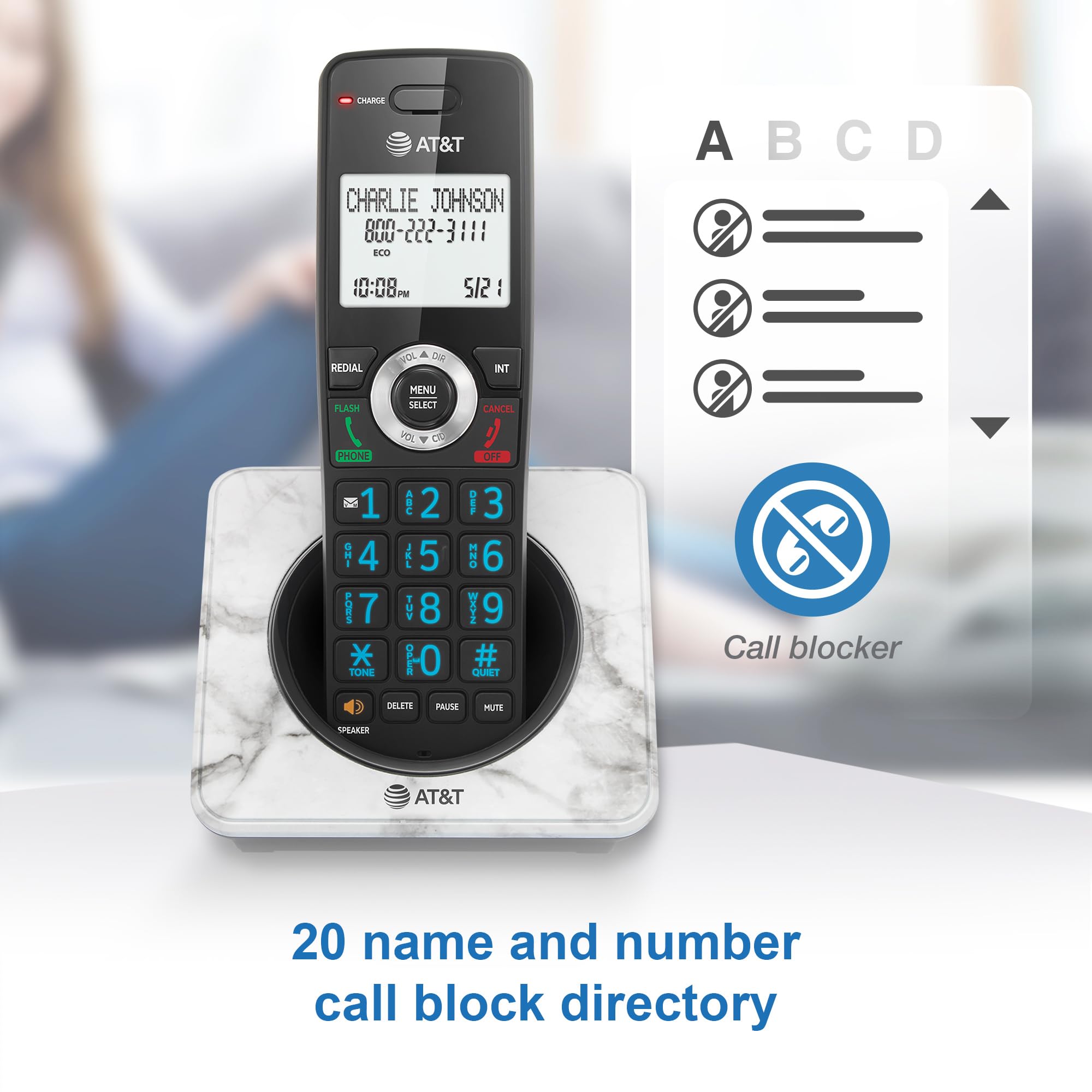 At&T Gl2101 1M Dect 6.0 Cordless Home Phone With Call Block, Caller Id, Full Duplex Handset Speakerphone, 2'' White Backlit Disp