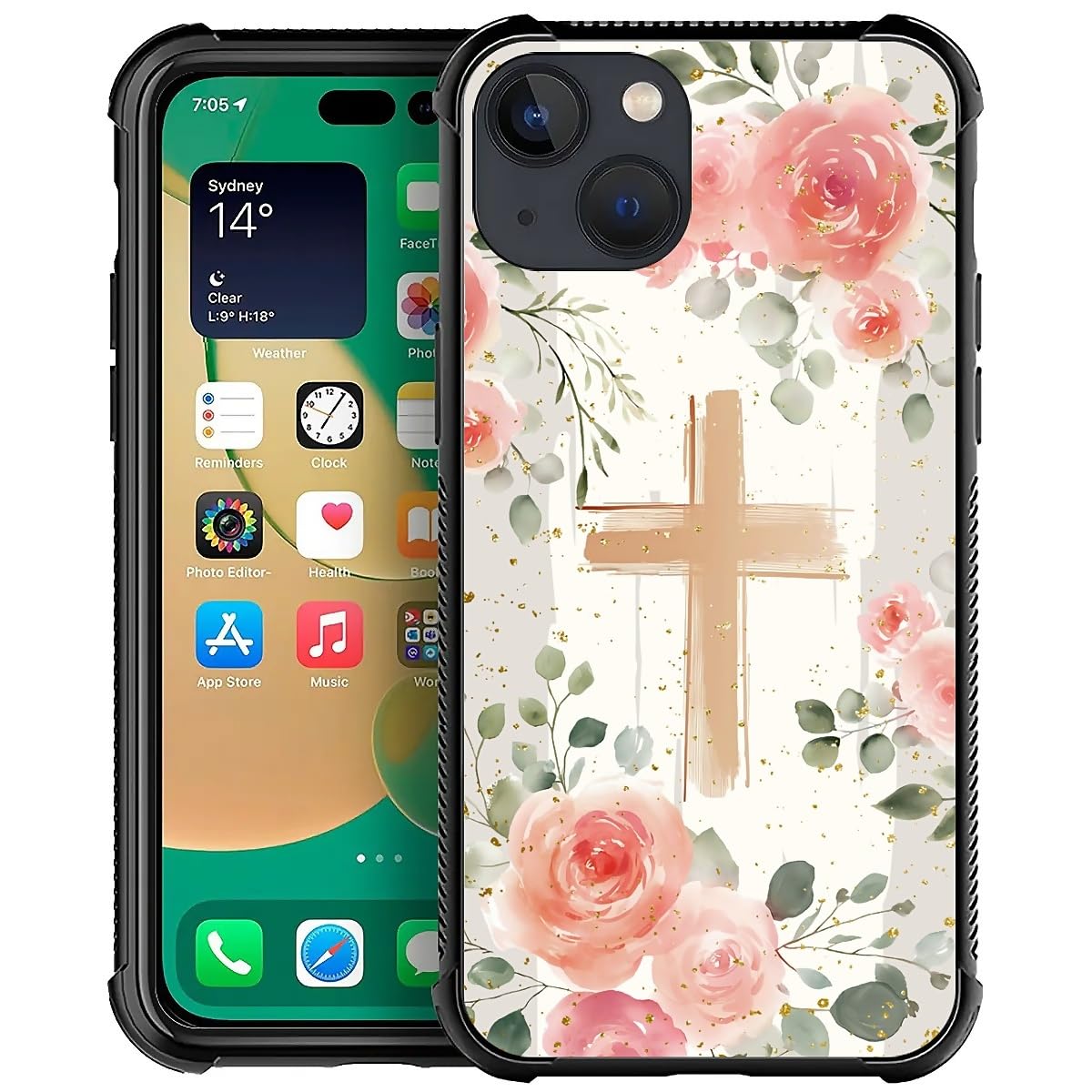 Deaorew for iPhone 14 Plus Case | Classic Slim Cover Design | Christian Cross Pink Roses