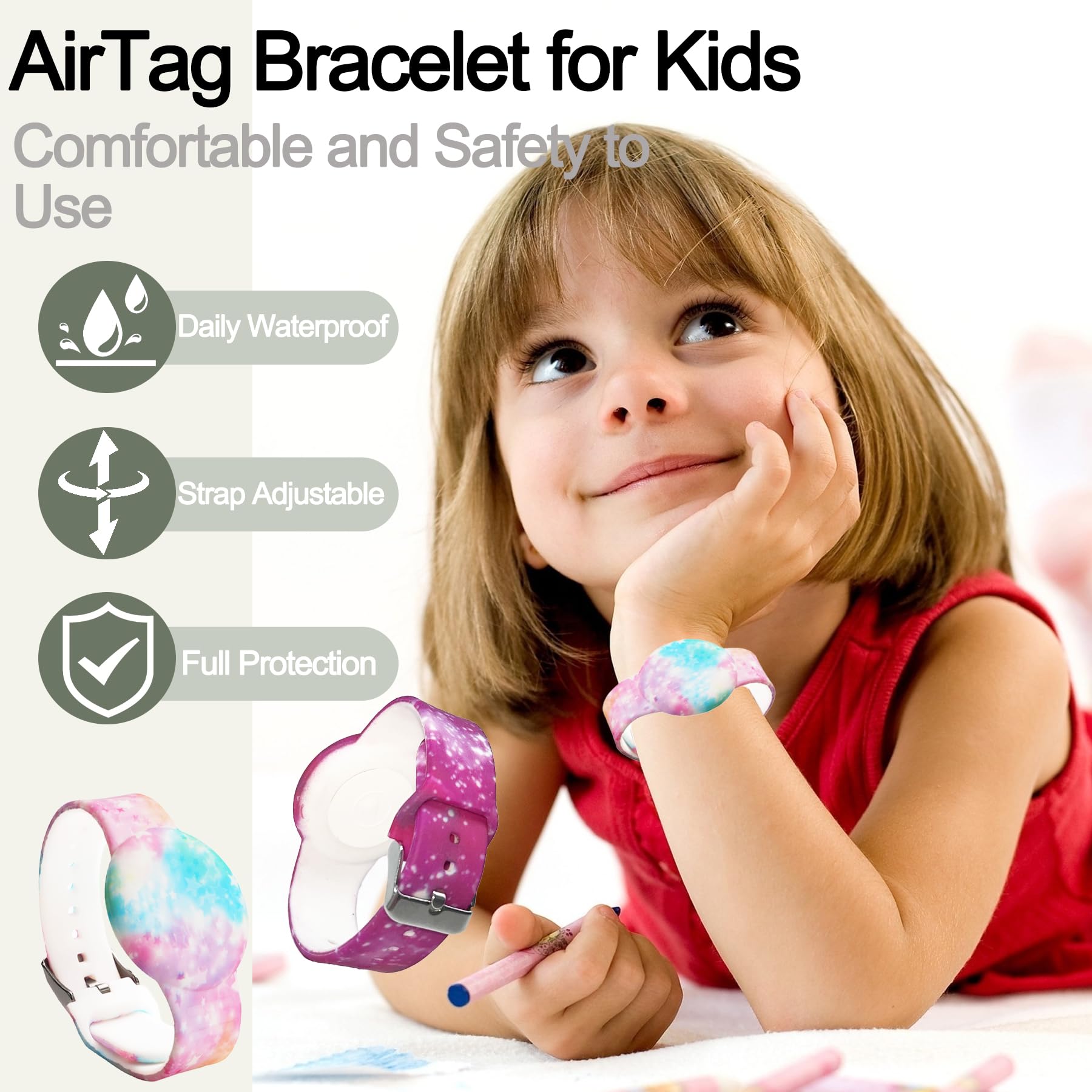 2 Pack Waterproof Airtag Bracelet For Kids, Hidden Printed Wristband For Apple Air Tag, Silicone Airtag Holder Gps Tracker Case