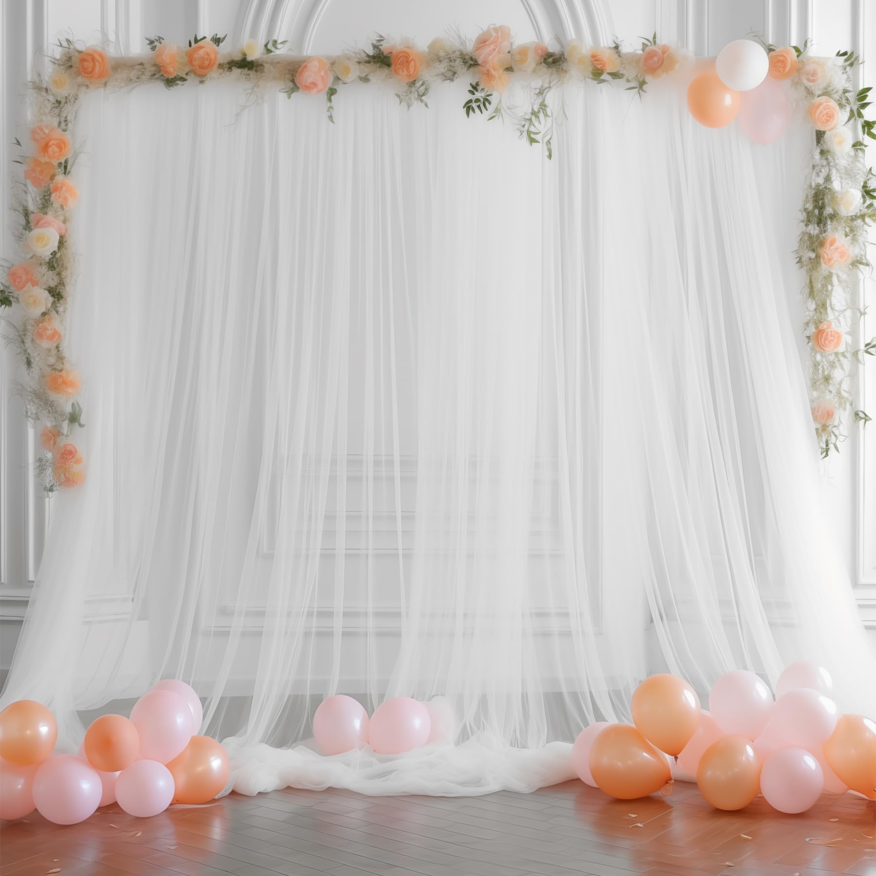 Wish Care 10X10 White Tulle Backdrop Curtains For Parties, Sheer Backdrop Curtain Wedding Photo Backdrop Drapes For Baby Shower