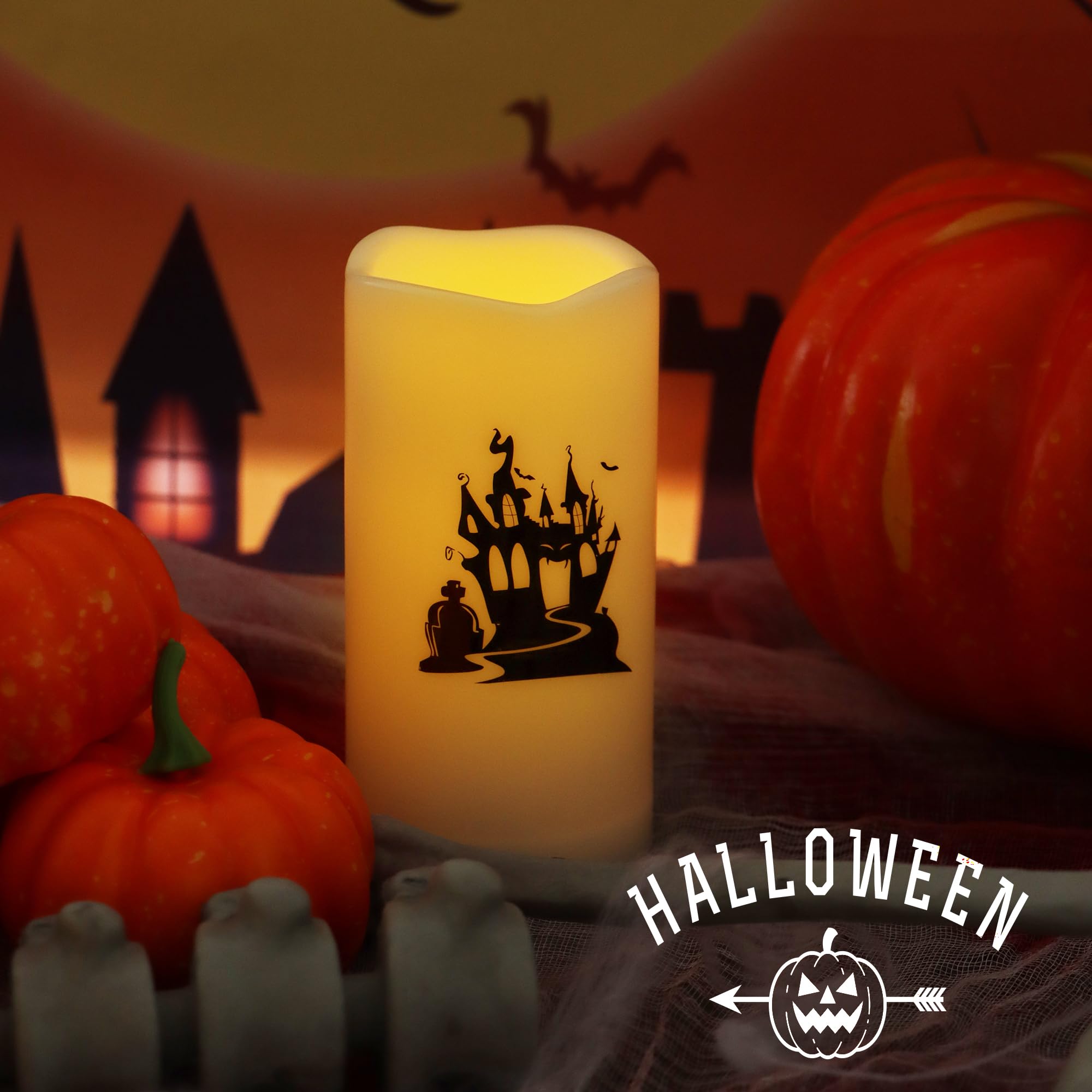 Yinchi Halloween Outdoor Battery Operated Flameless Pillar Candles With Auto Daily Timer Waterproof Realistic Flickering Electri