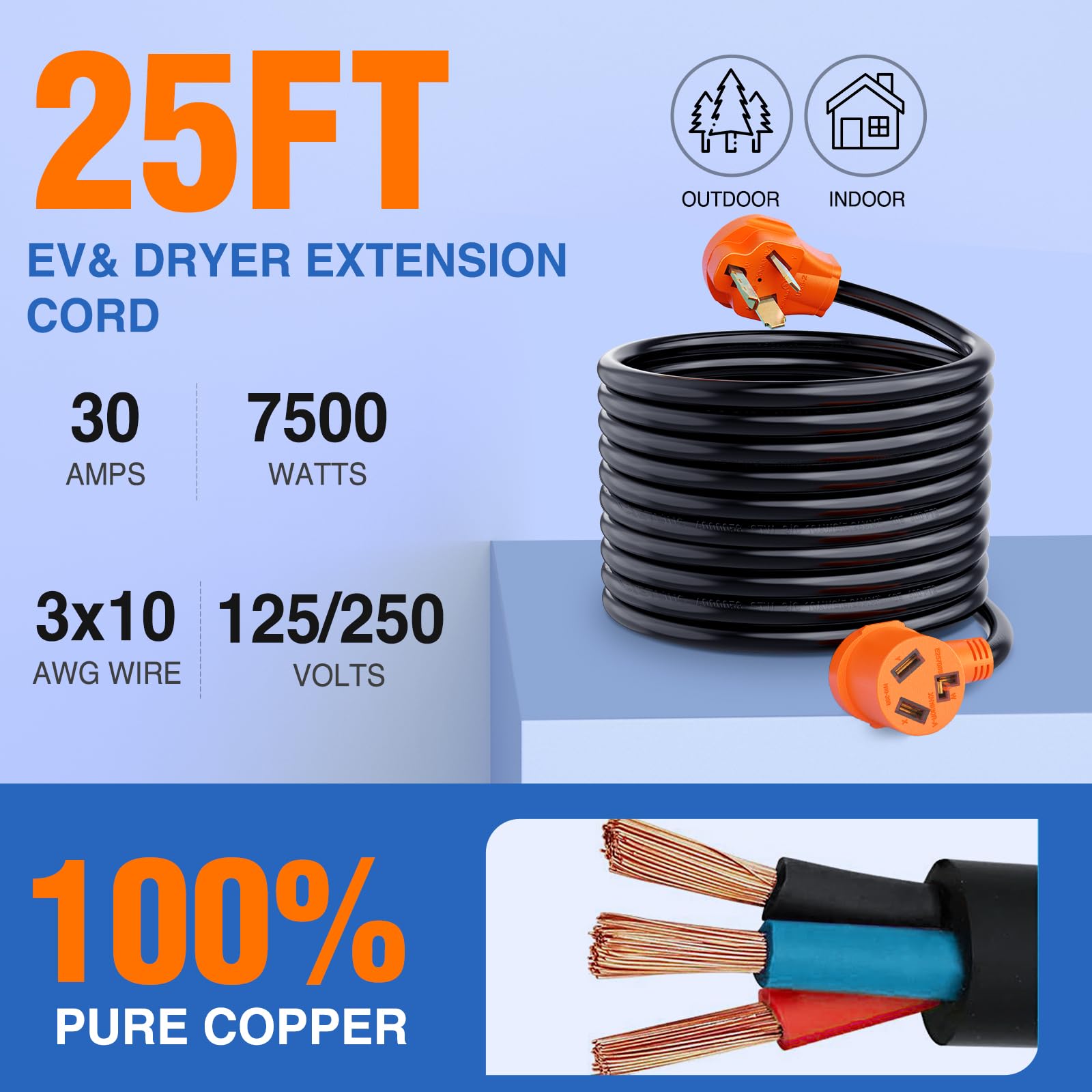 Nilight 25Ft Ev Dryer Extension Cord 3 Prong 30 Amp Nema 10 30P 10 30R Old Dryer Extension Cable Heavy Duty 10 Gauge Pure Copper