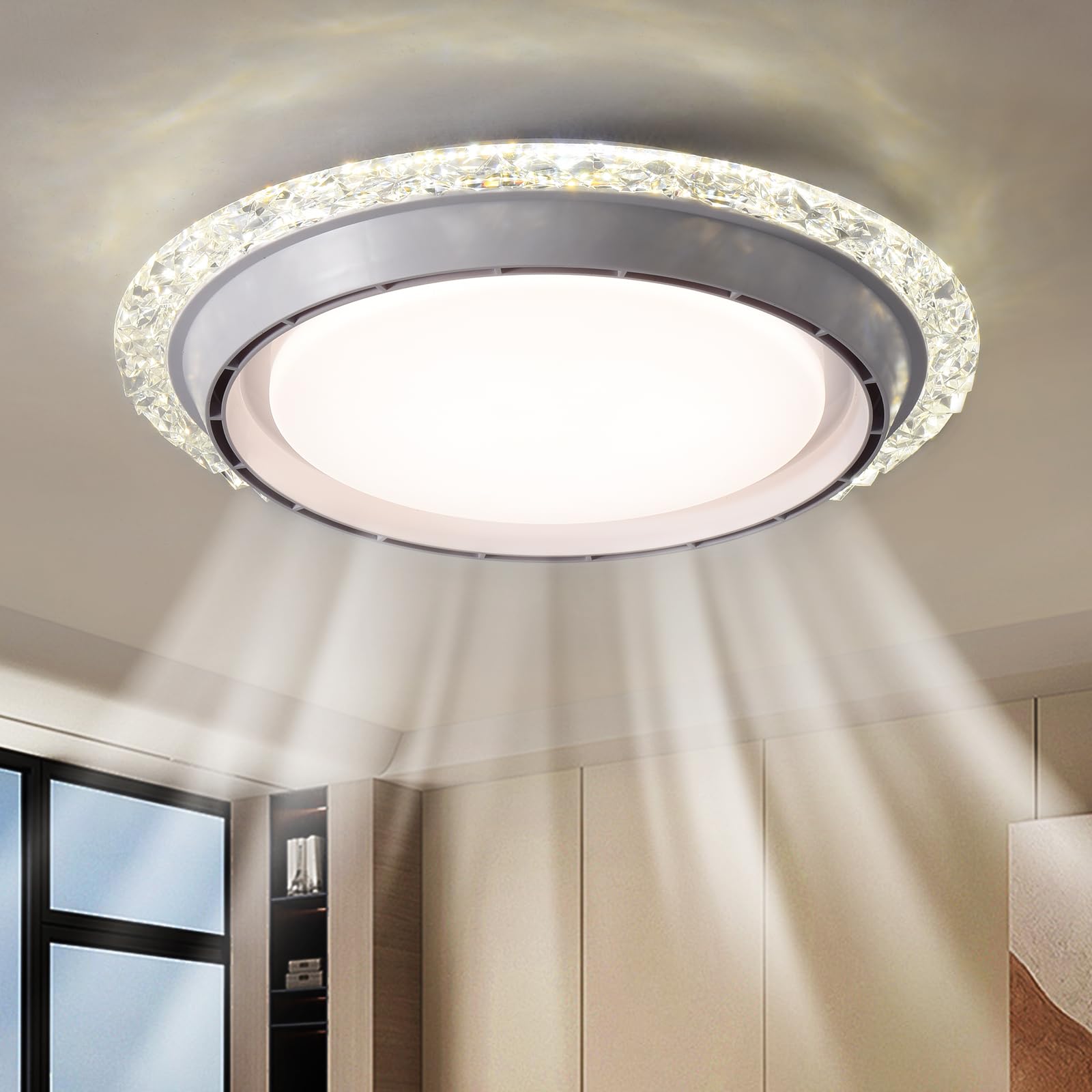 AHAWILL 19.29 Bladeless Ceiling Fan with Light,Modern Crystal Ceiling Fan with Remote Control,Enclosed Flush Mount Fandelier,6