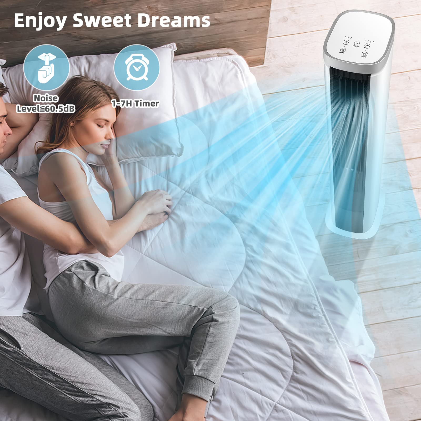 Petsite Portable Air Conditioner Windowless, 3 In 1 Evaporative Cooler, Remote Control, 4 Speeds, 7H Timer, 4 Ice Packs, Persona