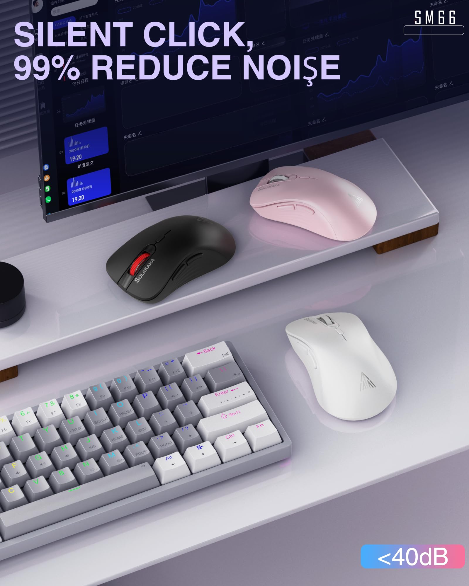 SOLAKAKA SM66 Wireless Mouse - 2.4GHz, 4800 DPI, Rechargeable, Black, Dual Mode with 2 Side Buttons