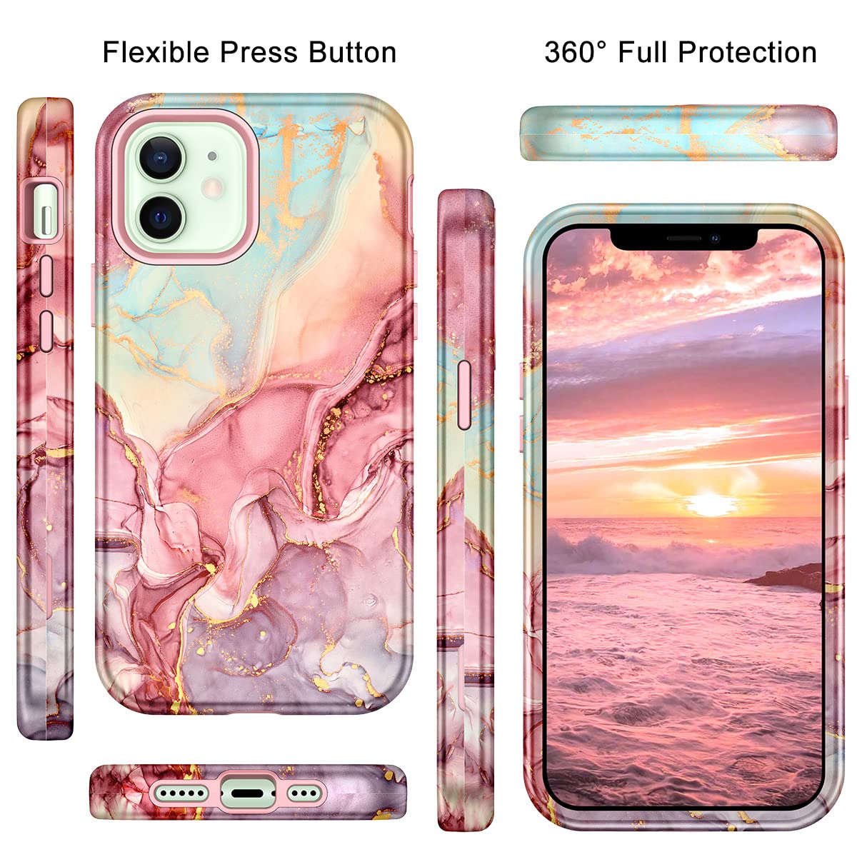 Btscase For Iphone 12 Case/Iphone 12 Pro Case, Heavy Duty Three Layer Marble Shockproof Full Body Rugged Hard Pc+Soft Tpu Bumper