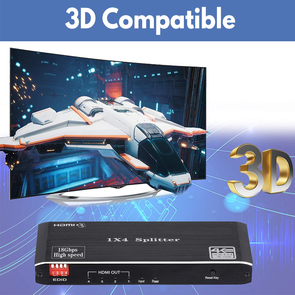 1X4 Hdmi Splitter, 4K 60Hz 1 In 4 Out Hdmi Splitter Audio Video Distributor Box Support Full Ultra Hd, 3D, Hdr, Compatible For H