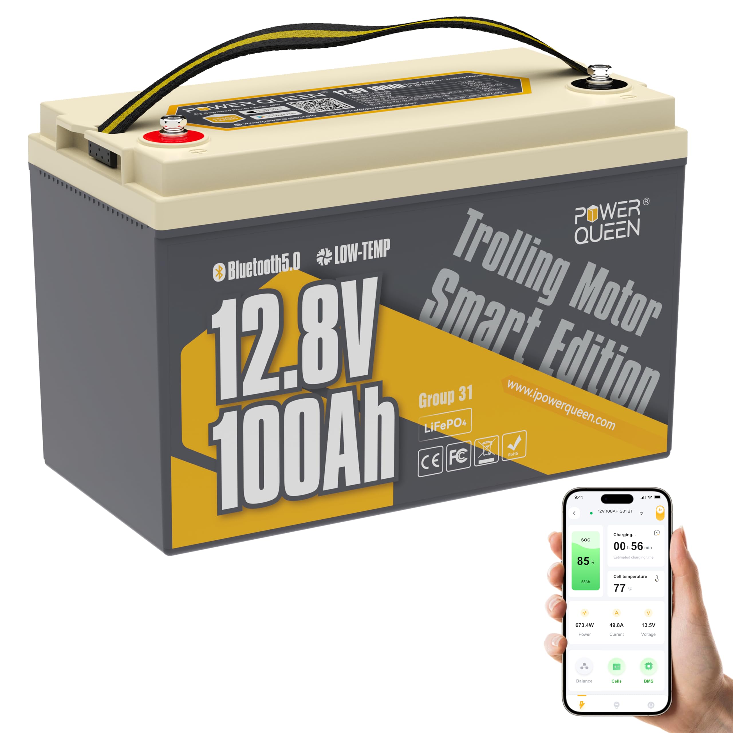 Power Queen 12V 100Ah Group 31 LiFePO4 Battery Bluetooth 5.0, Deep Cycle LiFePO4 Battery Max. Output Power 1280W, 100A BMS with 